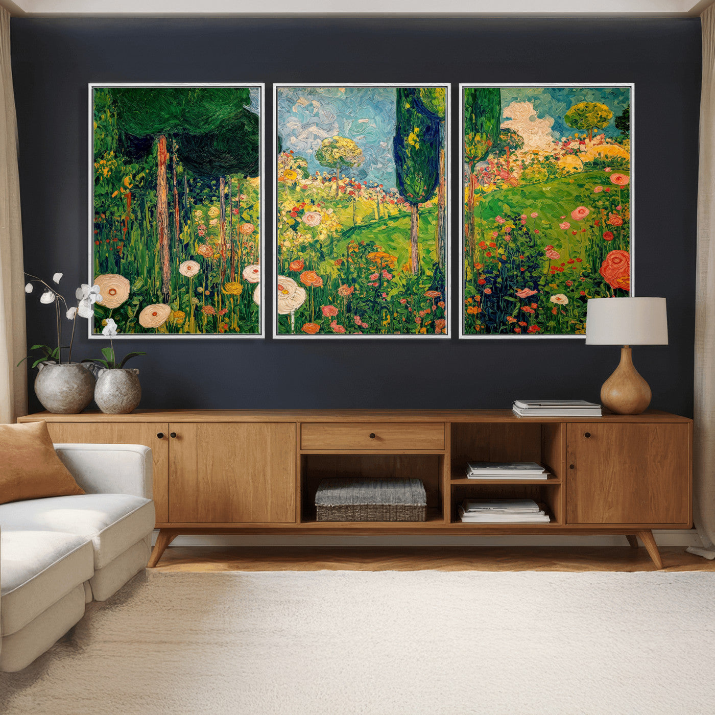 83517974-MGV-CV-36X24 - Gustav Klimt Boho Mountain Landscape Large Wall Art, Horizontal Gold Framed Canvas Print with Sun and Flowers