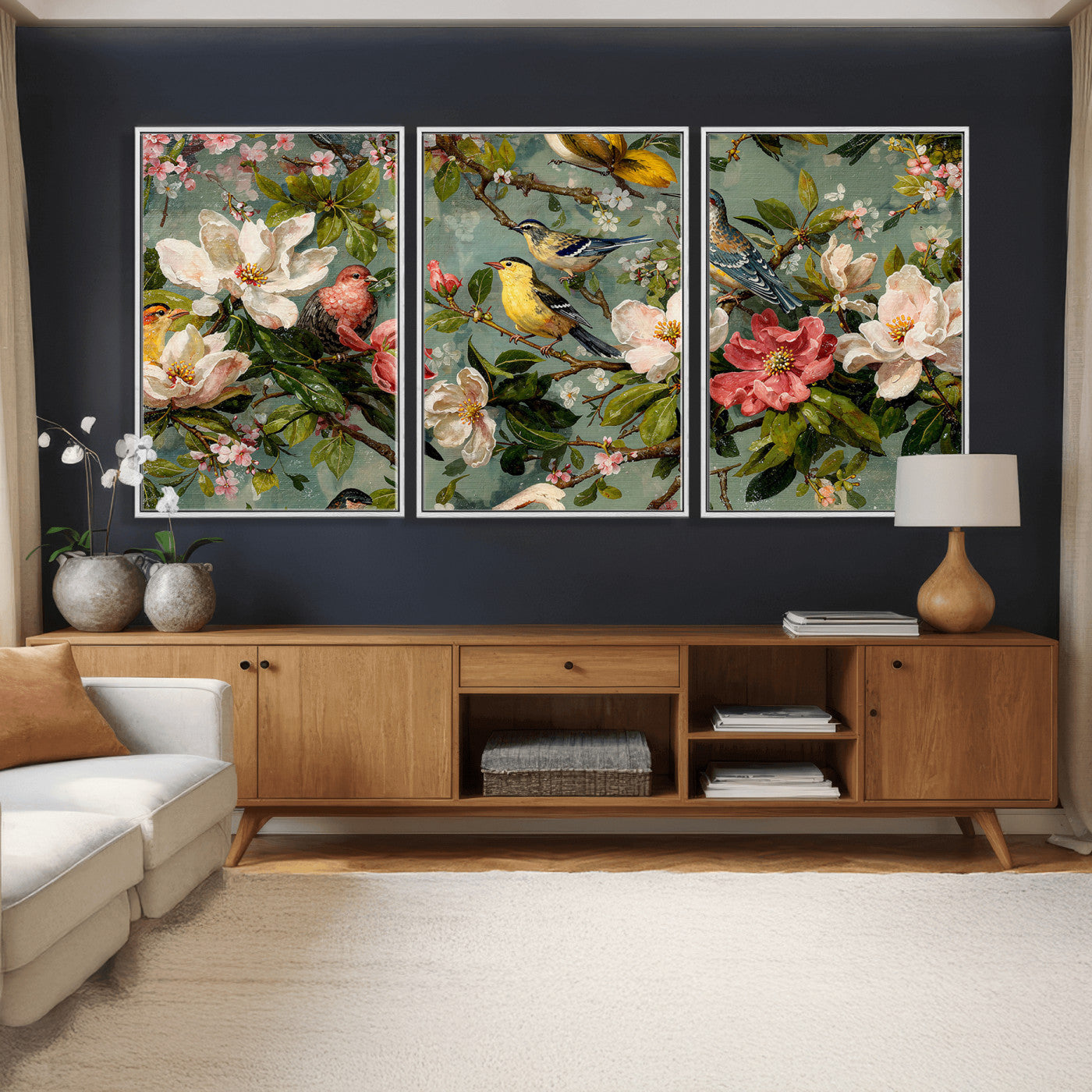 77883606-MGV-CV-36X24 - Vintage Birds and Flowers Wide Wall Art: Extra Large Panoramic Botanical Print