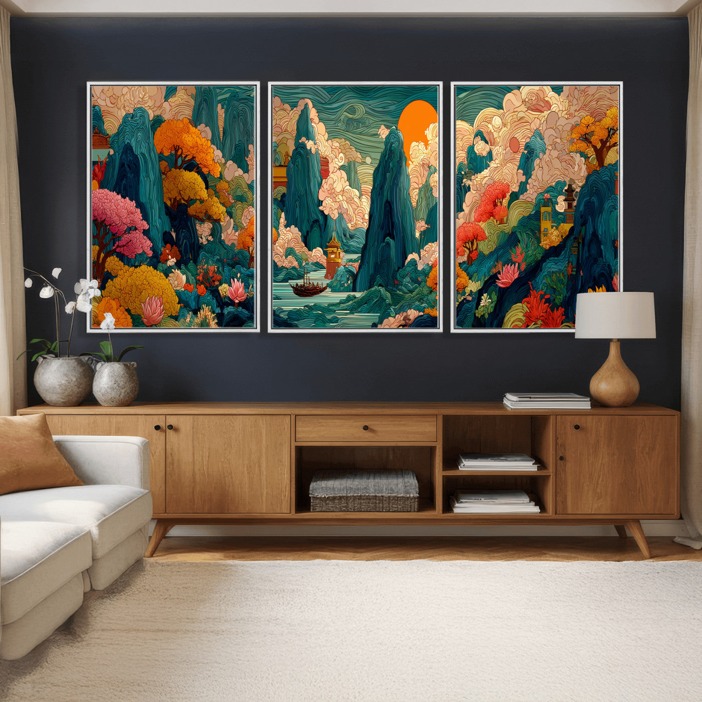 90422518-MGV-CV-48X32-3P - Colorful Japanese Landscape Print: Maximalist Panoramic Wall Art