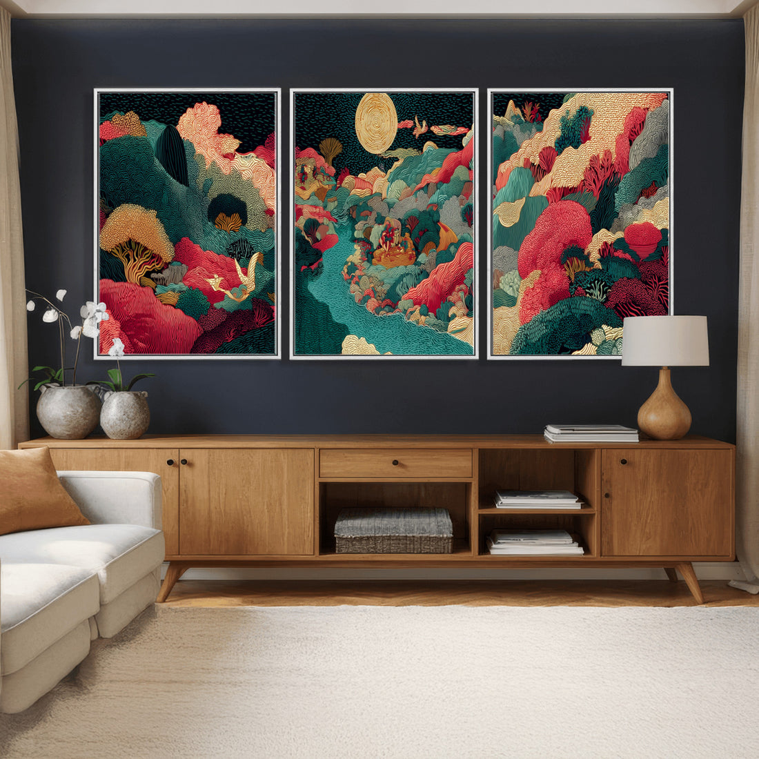 Colorful Japanese Landscape Print: Maximalist Panoramic Wall Art