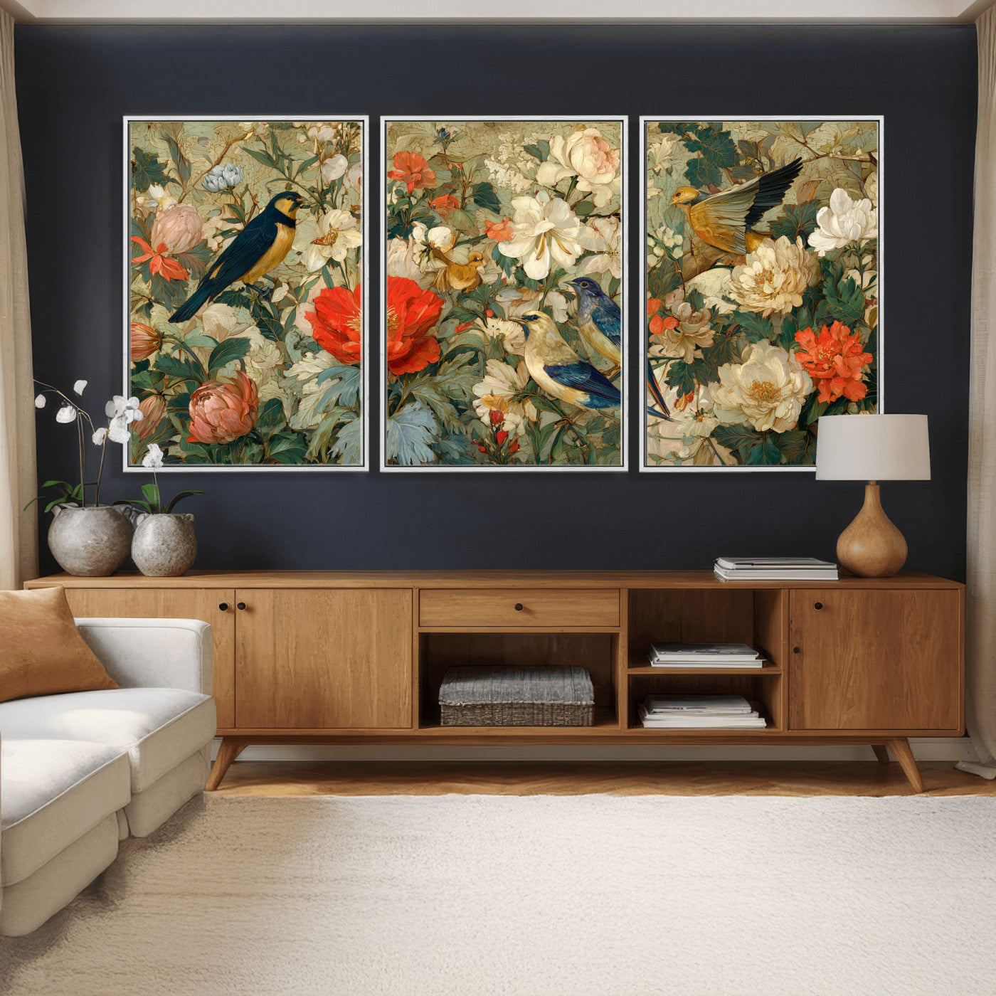 52904757-MGV-CV-36X24 - Vintage Birds and Flowers Wall Art Canvas Print, Botanical Bird Painting Canvas Print, Floral Garden Bird Artwork Canvas Print, Classic Bird Flower Painting Canvas Print