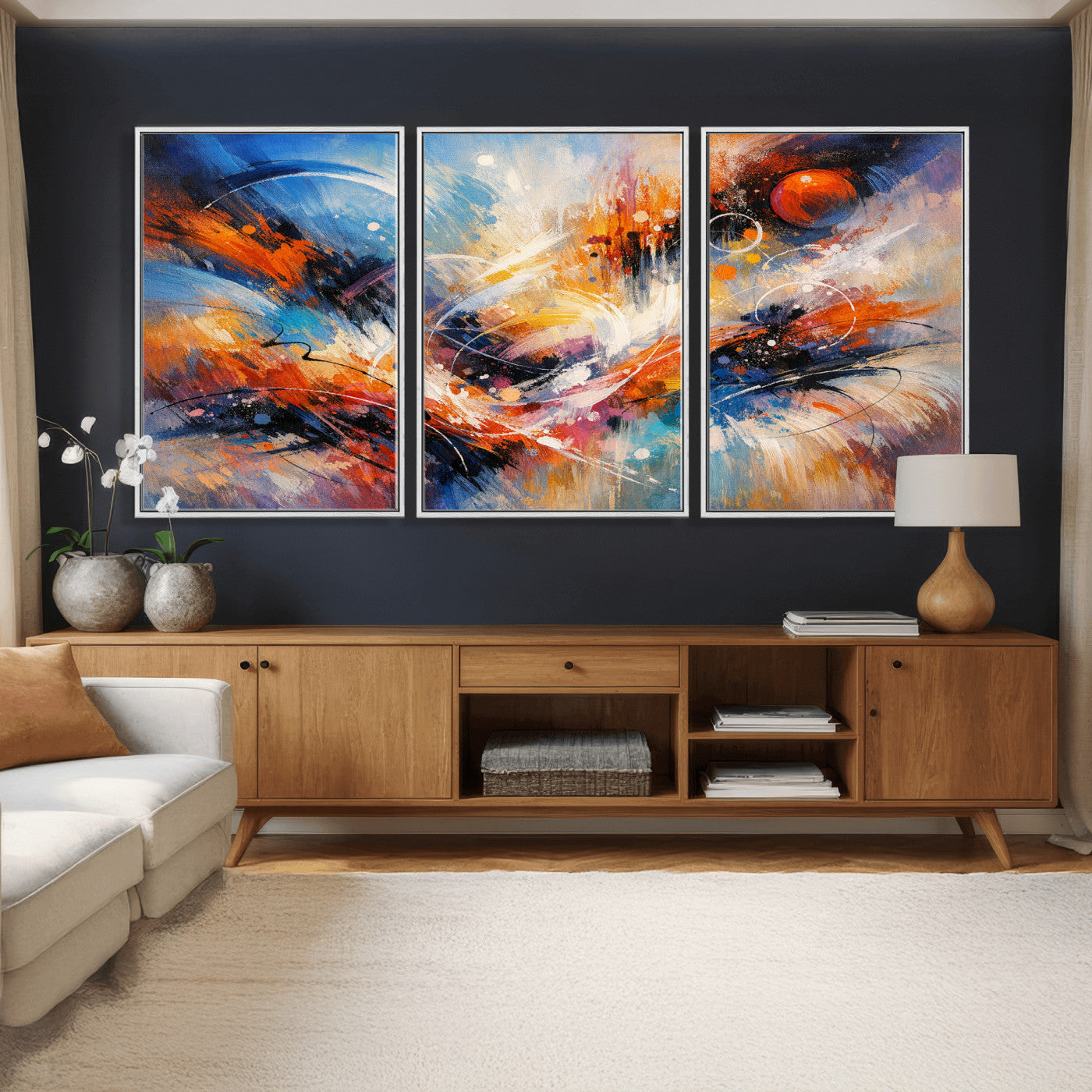 47770355-MGV-CV-36X24 - Geometric Abstract Wall Art Canvas Print, Orange Blue Abstract Expressionist Painting Print, Modern Geometric Abstract Canvas Art