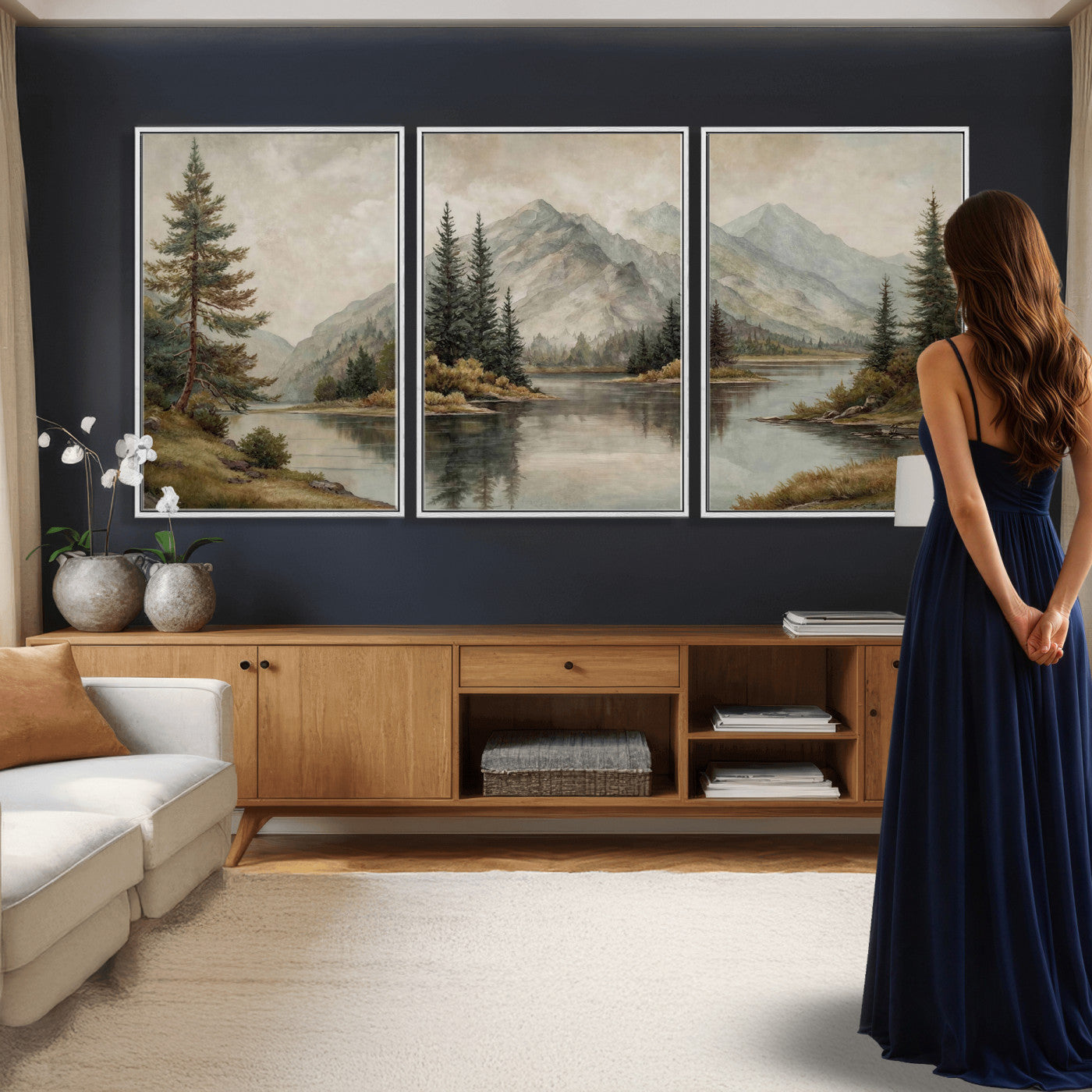 4712069V1-MGV-CV-60X30-3P - Vintage Mountain Landscape Wall Art Canvas Print Set, Rustic Nature Triptych Canvas, Neutral Lake Forest Mountain Wall Decor
