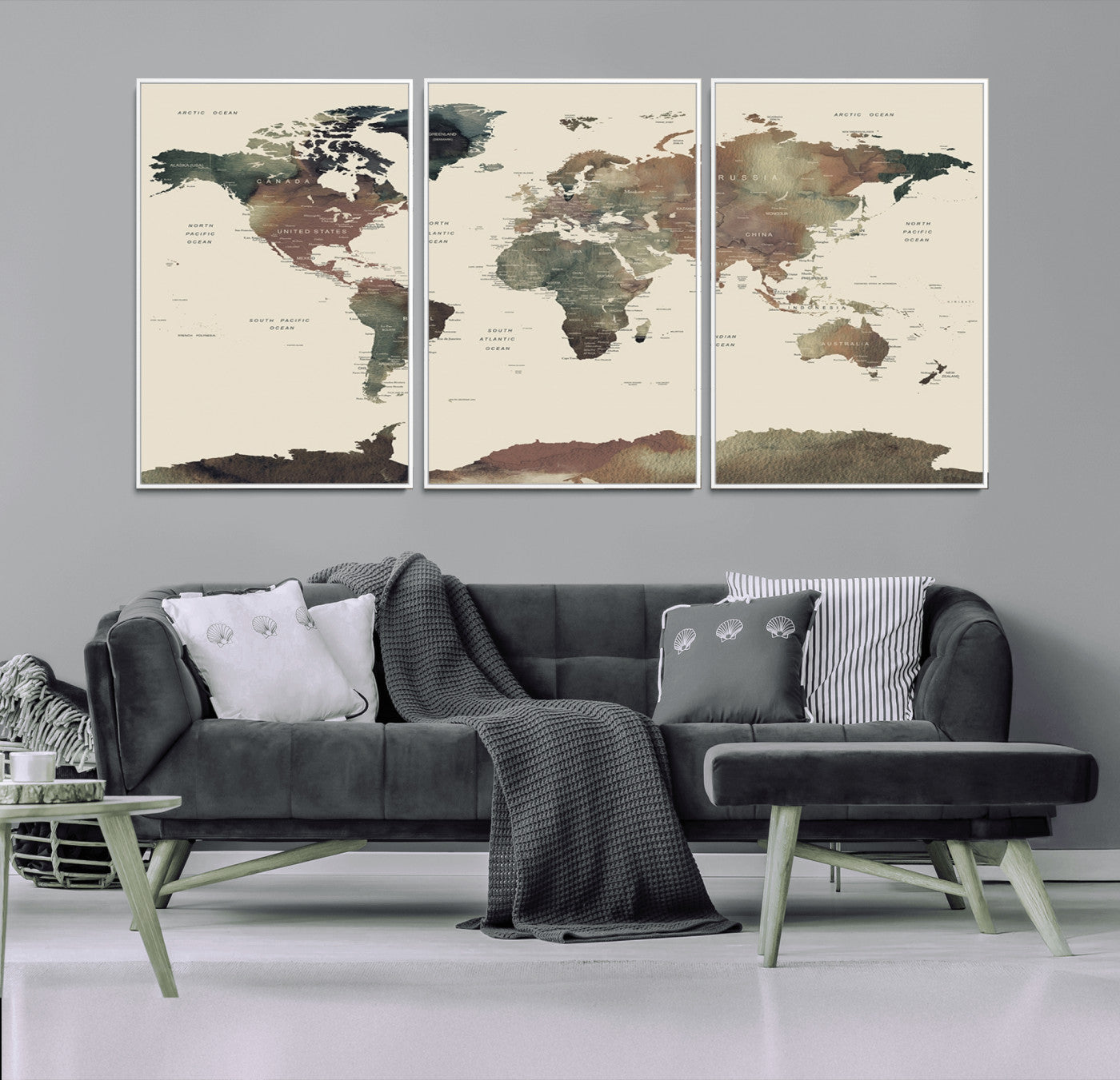 -Neutral Watercolor World Map Canvas Wall Art – Framed Earth Tone Map Print, Minimalist Travel Artwork for Modern Home and Office Decor