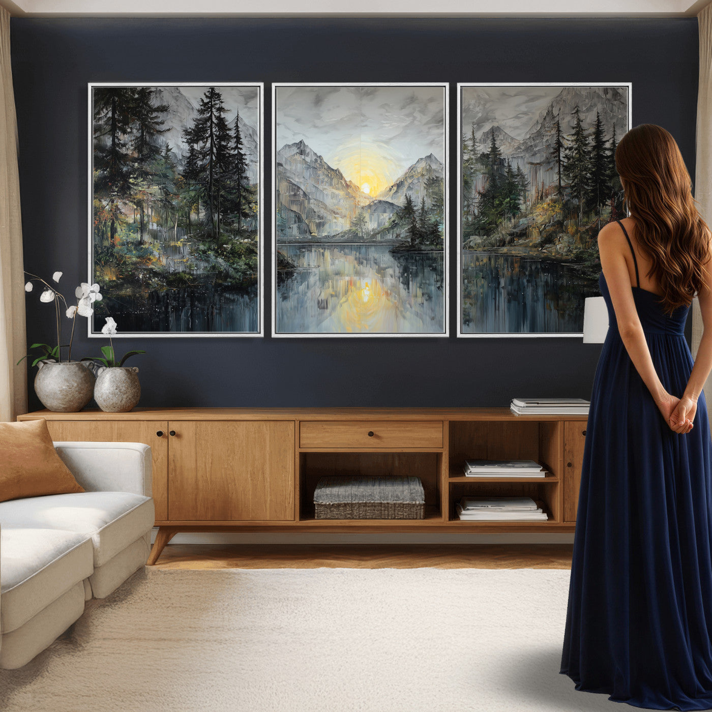 72377107-MGV-CV-60X30-3P - Drip Style Forest Lake Gold Art — Abstract Expressionist Mountain Print | Grey Pine Tree Canvas | Moody Nature Wall Decor | Large Panoramic Art