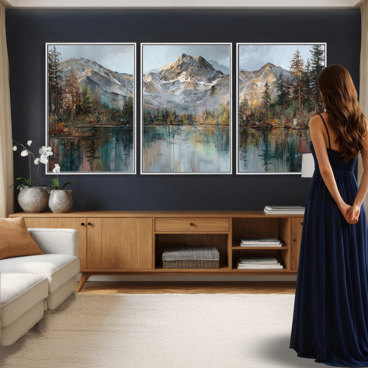 15527546-MGV-CV-60X30-3P - Drip Style Forest Lake Gold Art — Abstract Expressionist Mountain Print | Grey Pine Tree Canvas | Moody Nature Wall Decor | Large Panoramic Art