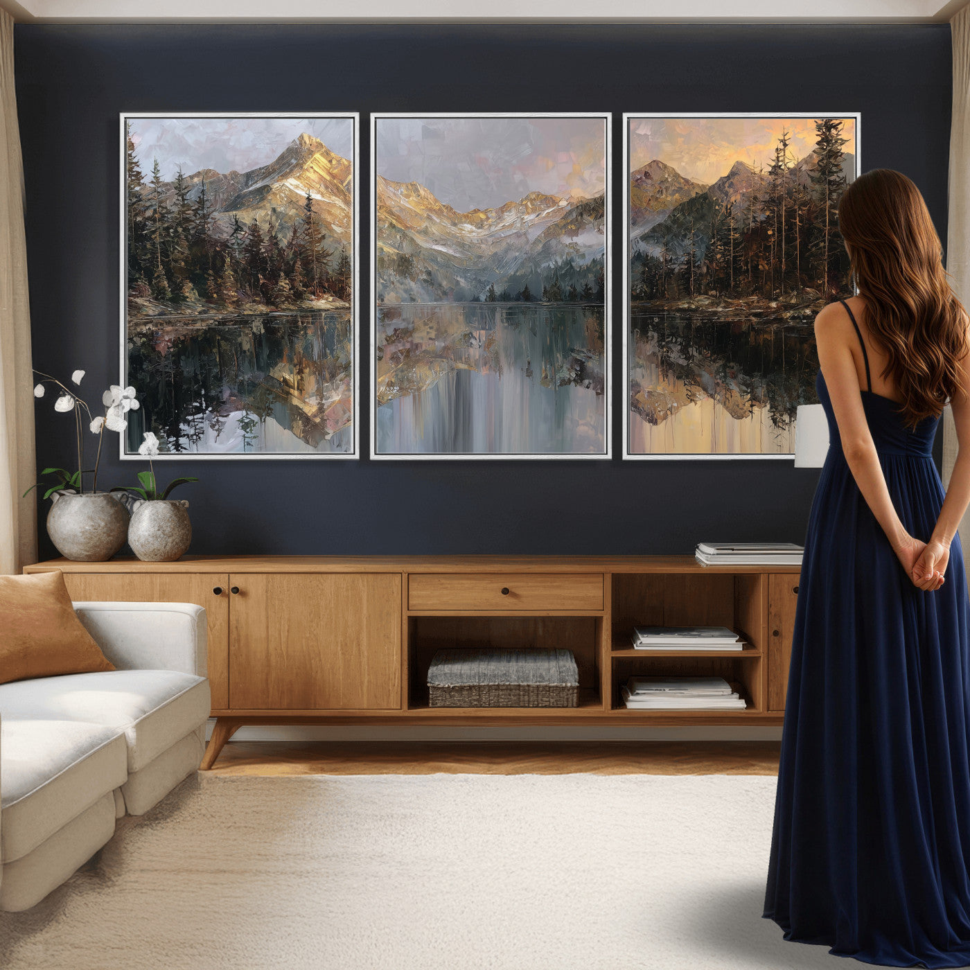 37675699-MGV-CV-60X30-3P - Drip Style Forest Lake Gold Art — Abstract Expressionist Mountain Print | Grey Pine Tree Canvas | Moody Nature Wall Decor | Large Panoramic Art