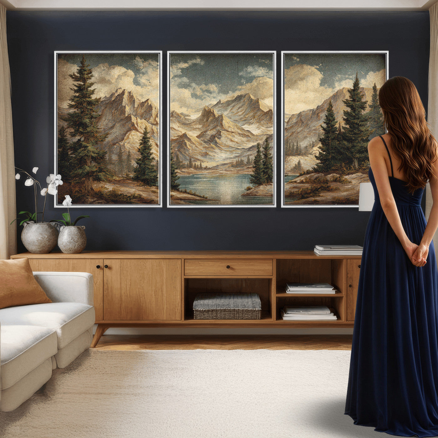 62093020-MGV-CV-60X30-3P - Drip Style Forest Lake Gold Art — Abstract Expressionist Mountain Print | Grey Pine Tree Canvas | Moody Nature Wall Decor | Large Panoramic Art