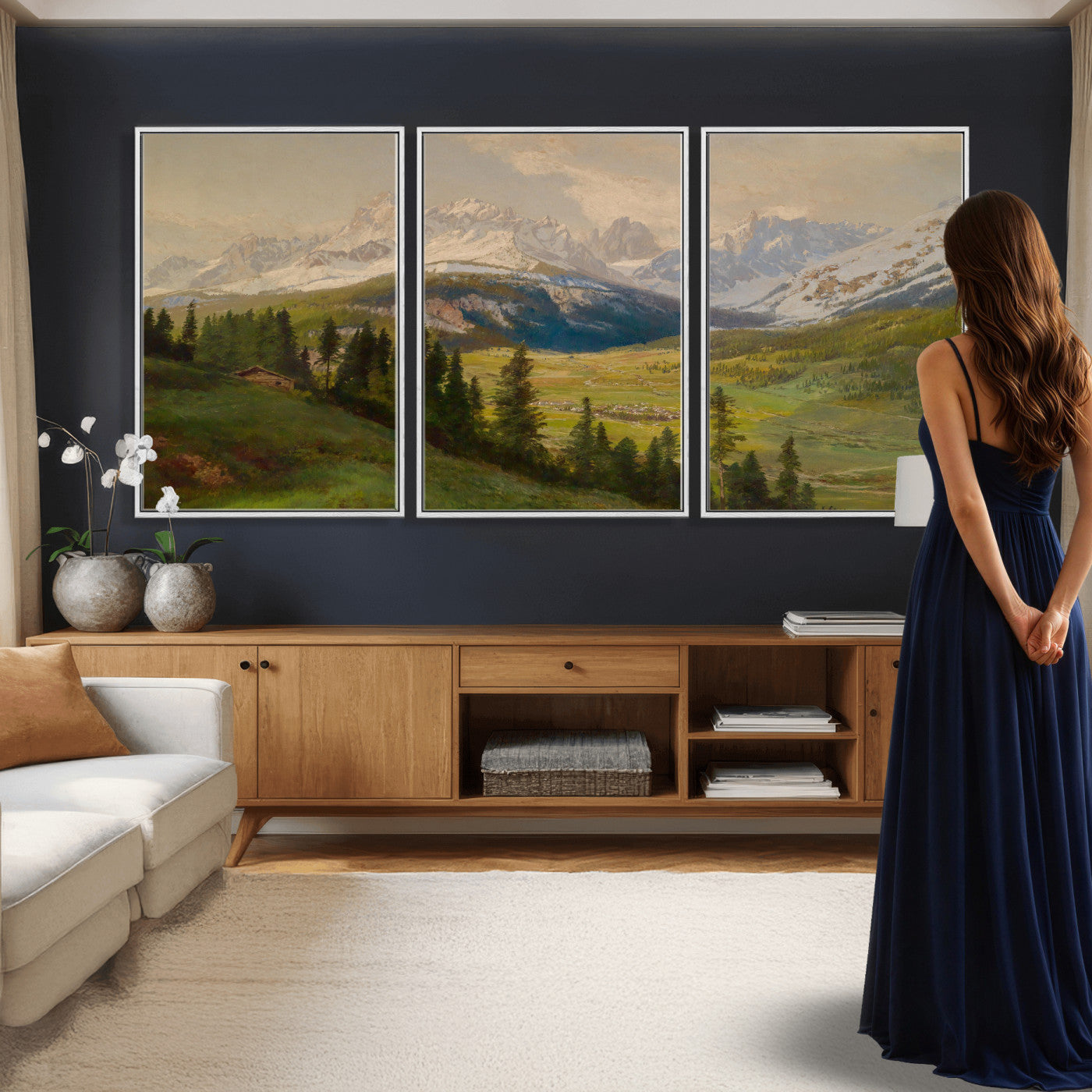 23120262-MGV-CV-36X24 - Konrad Petrides Sexten Village Canvas Print, Alpine Mountain Valley Painting, Dolomites Landscape Art
