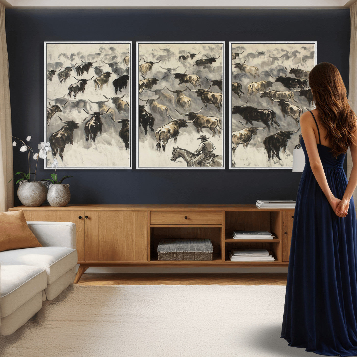 48049876-MGV-CV-36X24 - Cowboy Cattle Drive Canvas Wall Art, Western Longhorn Herd Ink Painting Print, Ranch Rodeo Decor, Black White Western Art, Large Living Room Art