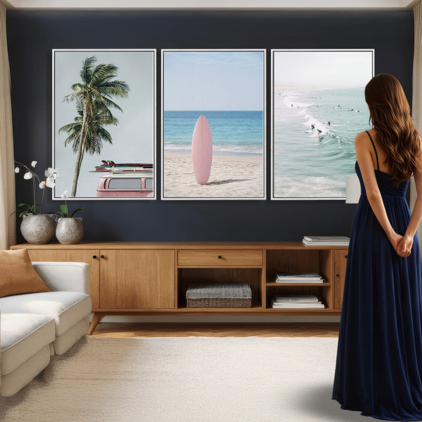 39028765-MGV-CV-60X30-3P - Surf Canvas Wall Art Set, Pink Surfboard VW Van Palm Tree Triptych, Beach House Coastal Decor, Pastel Ocean Photography Print, Boho Surf Decor