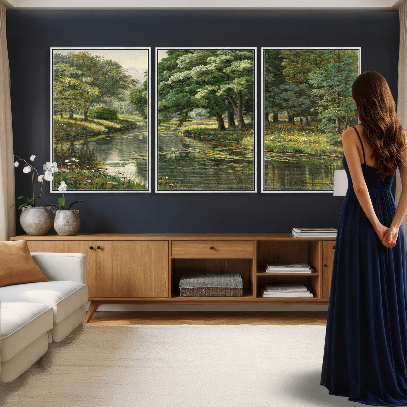 44288560-MGV-CV-36X24 - Forest Stream Canvas Wall Art, Peder Monsted A Forest Stream 1905 Print, Danish Realist Landscape, Lily Pad River Nature Decor, Vintage Green Painting