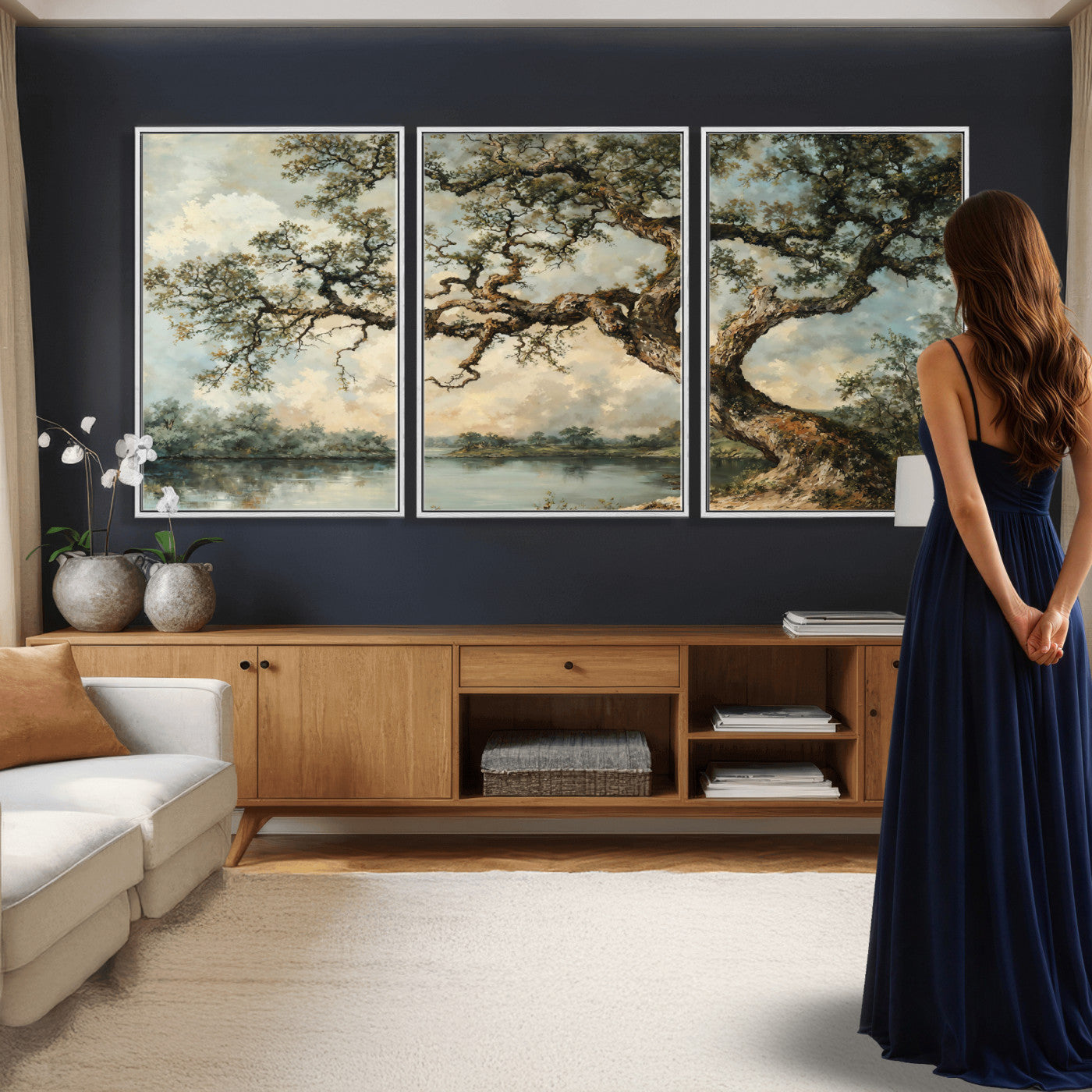 63857726-MGV-CV-36X24 - Old Oak Tree Canvas Wall Art, Turner Inspired Romantic Landscape Print, Vintage Nature Painting, Living Room Wall Decor, Antique Style Tree Art