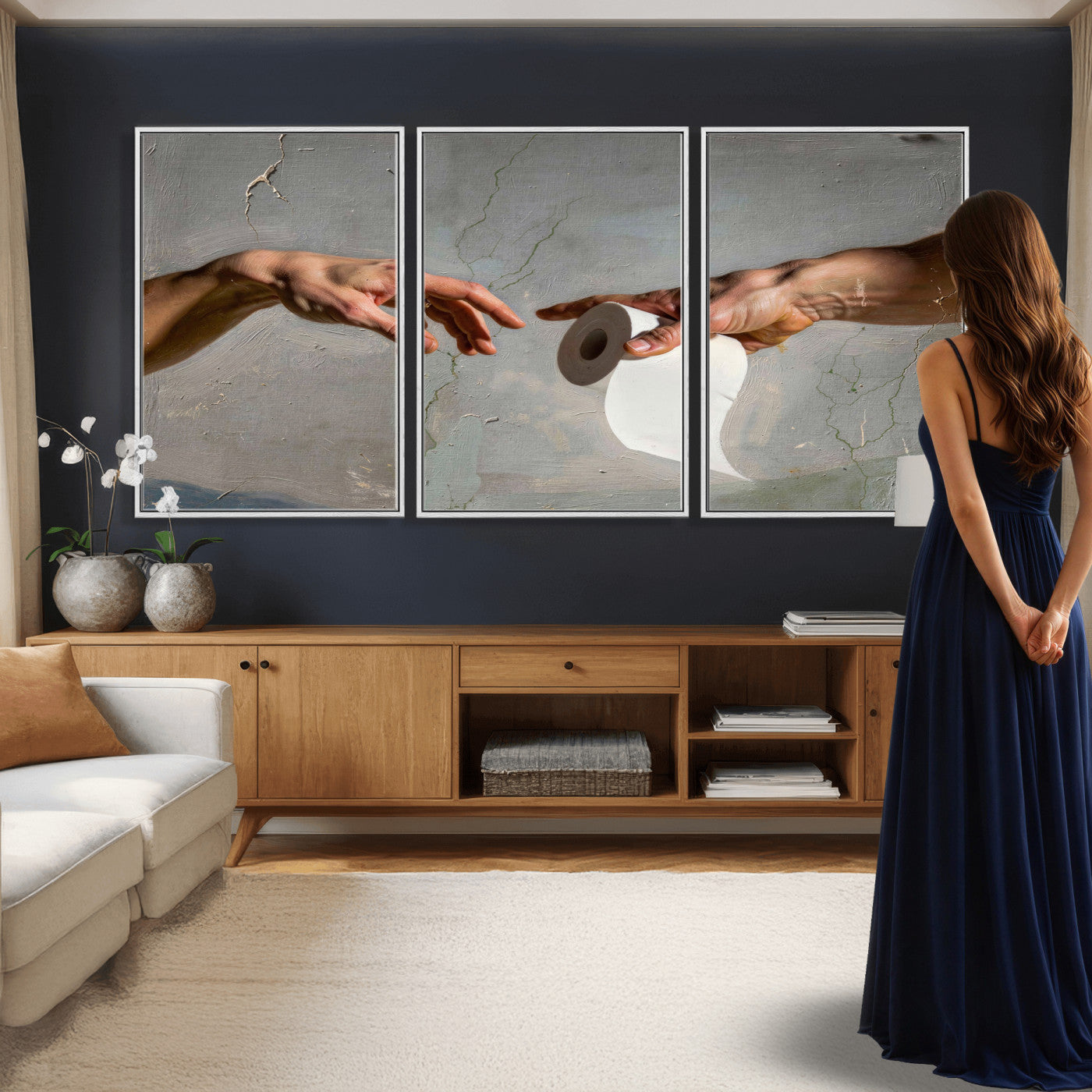 72030048-MGV-CV-36X24 - Funny Bathroom Wall Art Canvas, Creation of Toilet Paper Parody Print, Renaissance Humor Decor, Toilet Room Art, Quirky Housewarming Gift, Classic Art Spoof