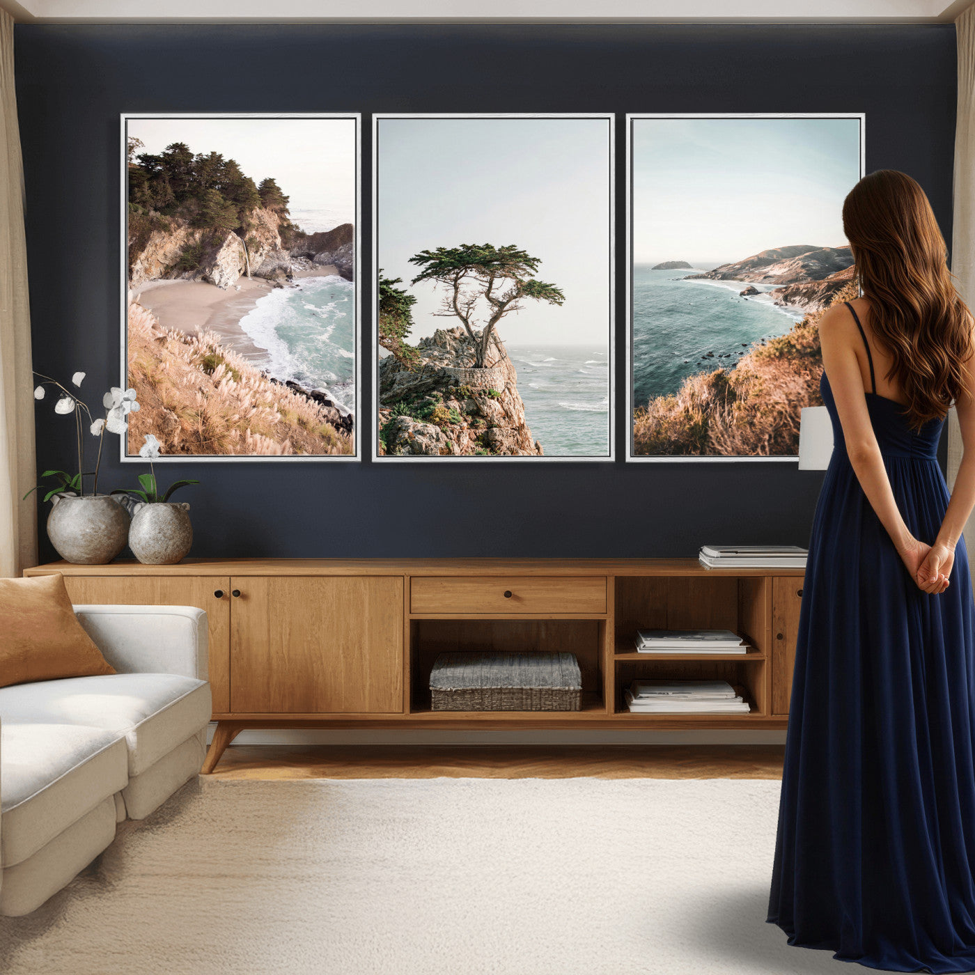 68839391G-MGV-CV-60X30-3P - California Coast Canvas Wall Art Set, Big Sur McWay Falls Lone Cypress Triptych Print, Coastal Photography Decor, Beach House Wall Art