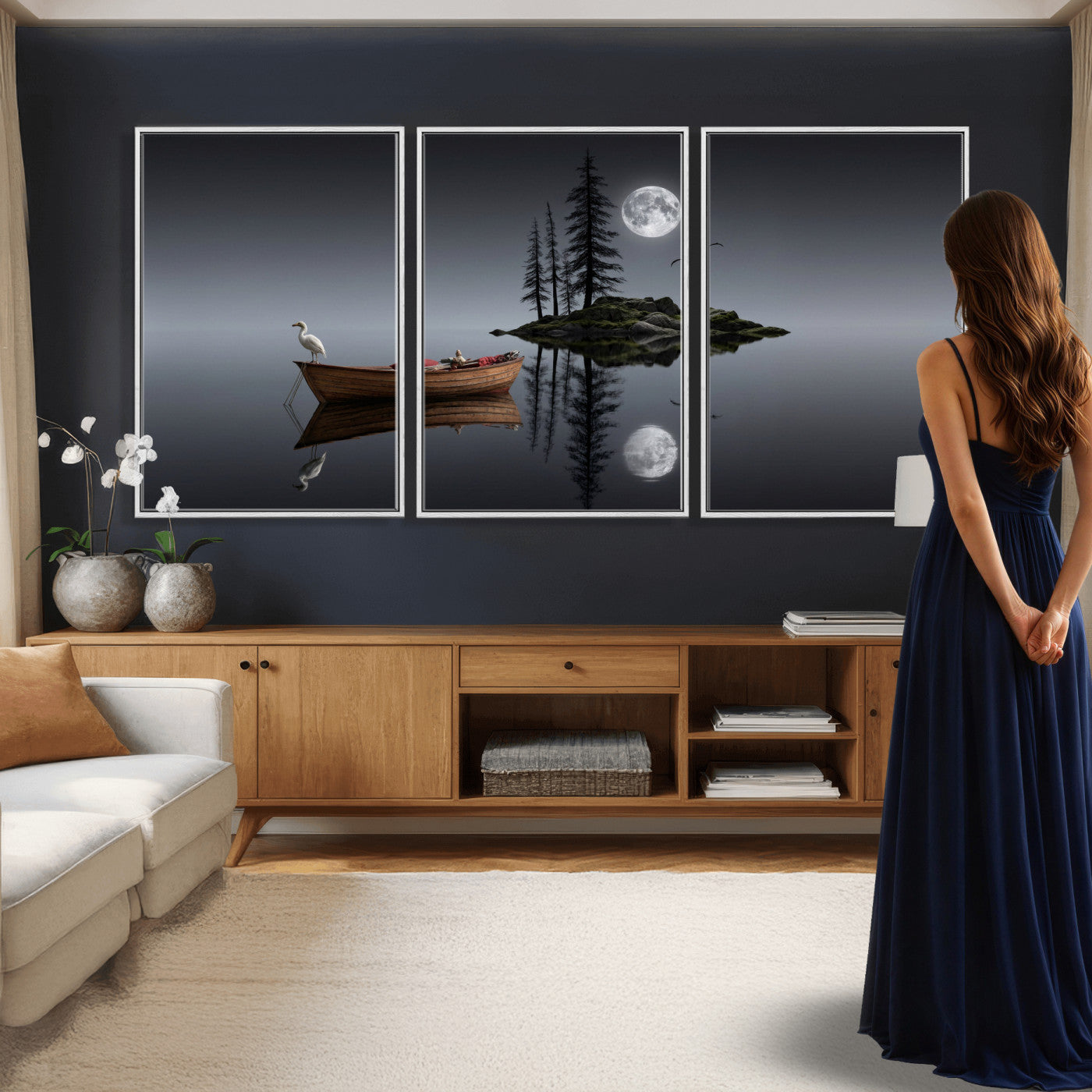 68839391D-MGV-CV-60X30-3P - Moonlit Lake Canvas Wall Art, Dreamy Boat Heron Full Moon Night Print, Dark Fantasy Nature Decor, Moody Bedroom Art, Surreal Landscape Wall Art