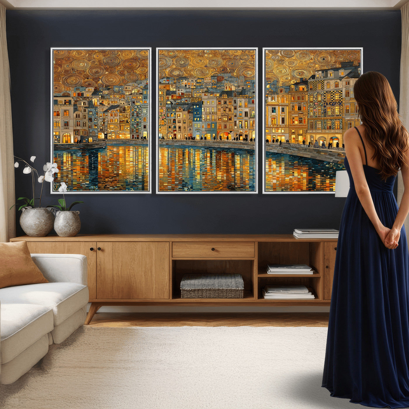 94022787-MGV-CV-36X24 - Gustav Klimt Golden Cityscape Wall Art Canvas Print, Framed River Town Landscape Artwork, Ornate Architecture Wall Decor for Living Room Bedroom Office