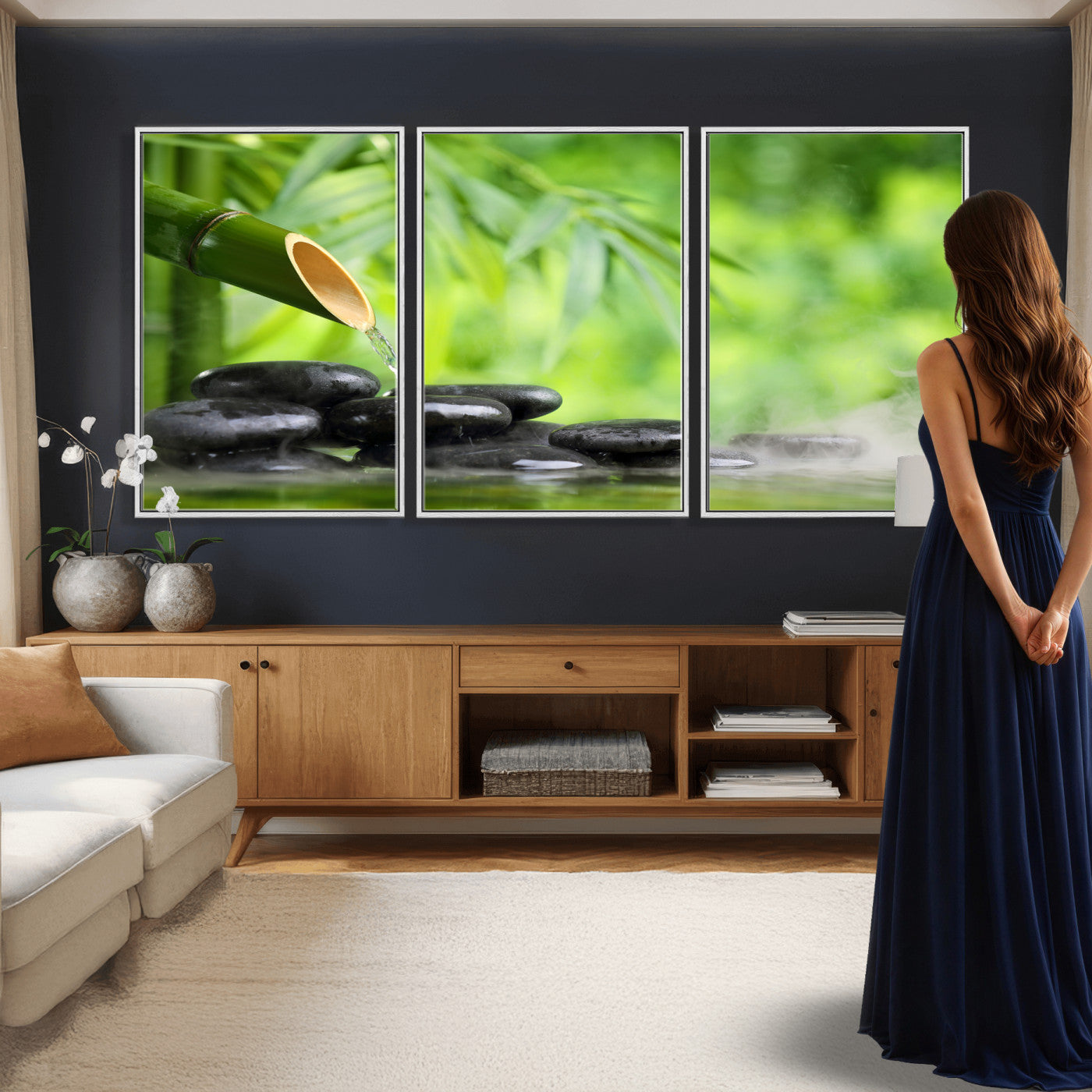 26961320-MGV-CV-36X24 - Bamboo Water Flow Black Stone Canvas | Zen Spa Nature Photography Print | Green Mist Japanese Garden Wall Art | Tranquil Decor