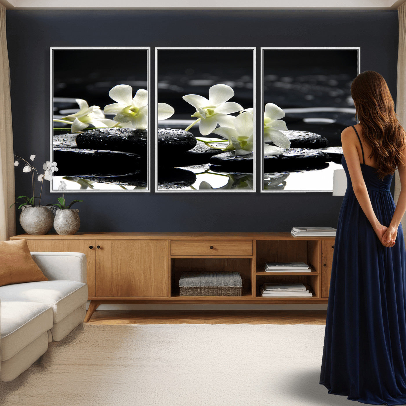 79486206-MGV-CV-36X24 - Plumeria Frangipani Black Stone Canvas | White Flower Spa Photography Print | Tropical Zen Wall Art | Grey Pebble Floral for Meditation Room Decor