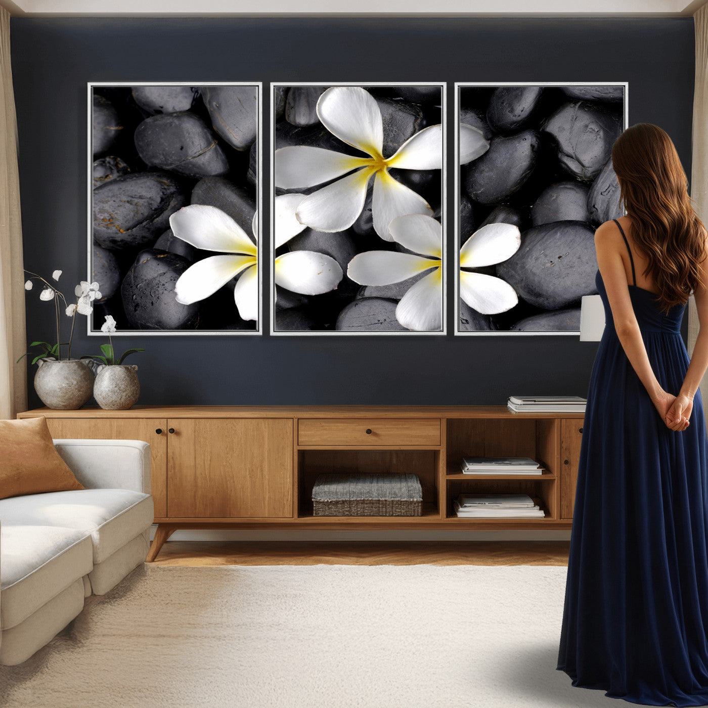 43639613-MGV-CV-36X24 - Plumeria Frangipani Black Stone Canvas | White Flower Spa Photography Print | Tropical Zen Wall Art | Grey Pebble Floral Decor