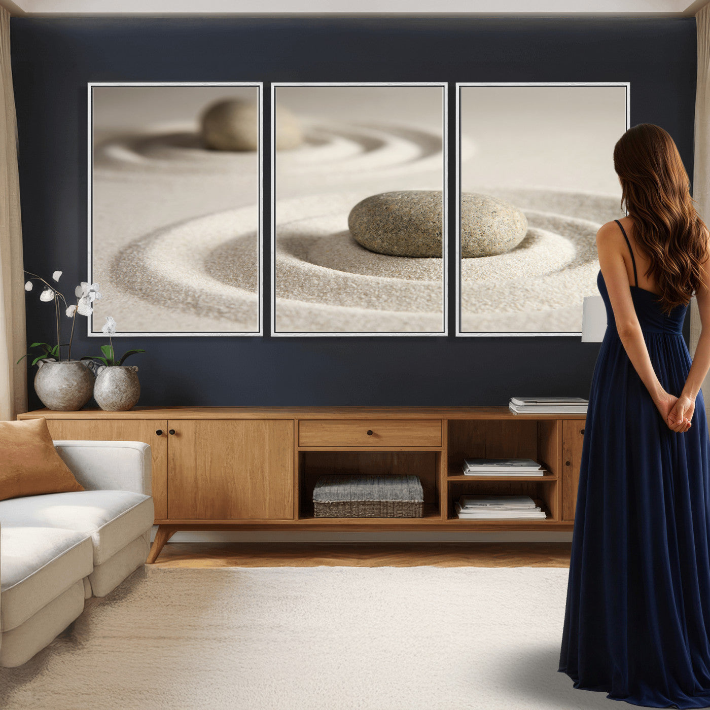 13397966-MGV-CV-36X24 - Zen Garden Stone Sand Canvas | Japanese Rock Garden Wall Art | Minimalist Meditation Print | Neutral Beige Mindfulness Decor