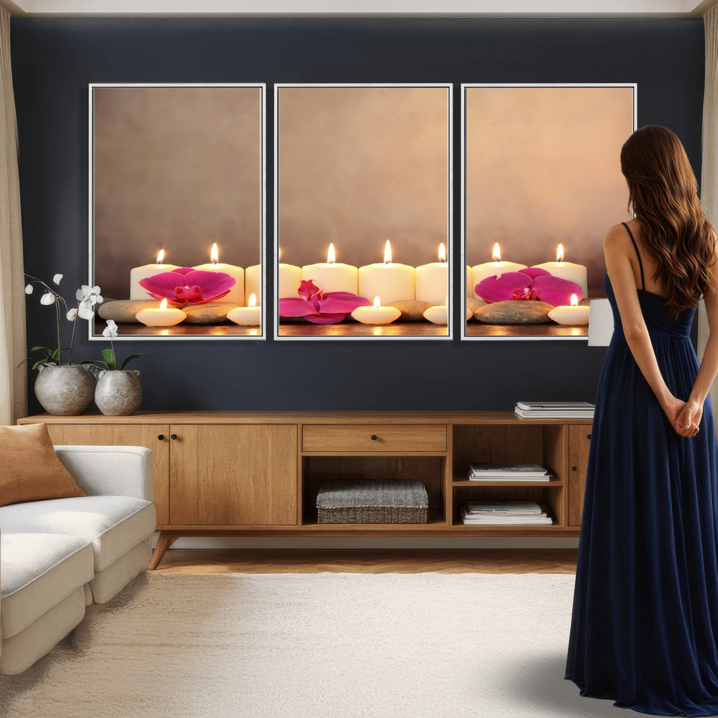 59470569-MGV-CV-36X24 - Spa Candles Orchid Canvas Print | Zen Wellness Relaxation Wall Art | Pink Flower Candlelight Bathroom Decor | Calm Beige Photography