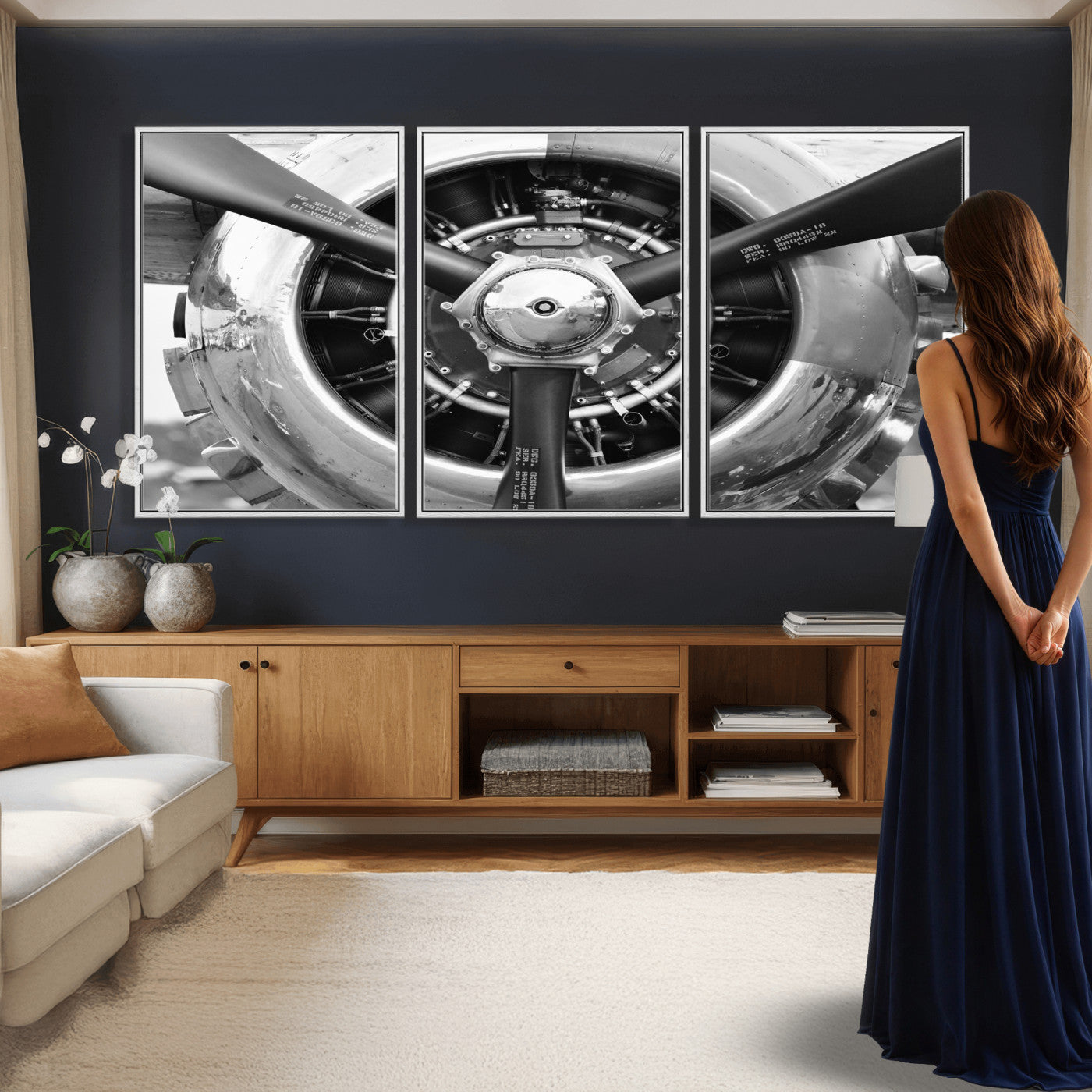73322230-MGV-CV-36X24 - Vintage Propeller Plane Wall Art Canvas Print, Black and White Airplane Engine Close Up Framed Aviation Artwork for Pilot Office Hangar Decor