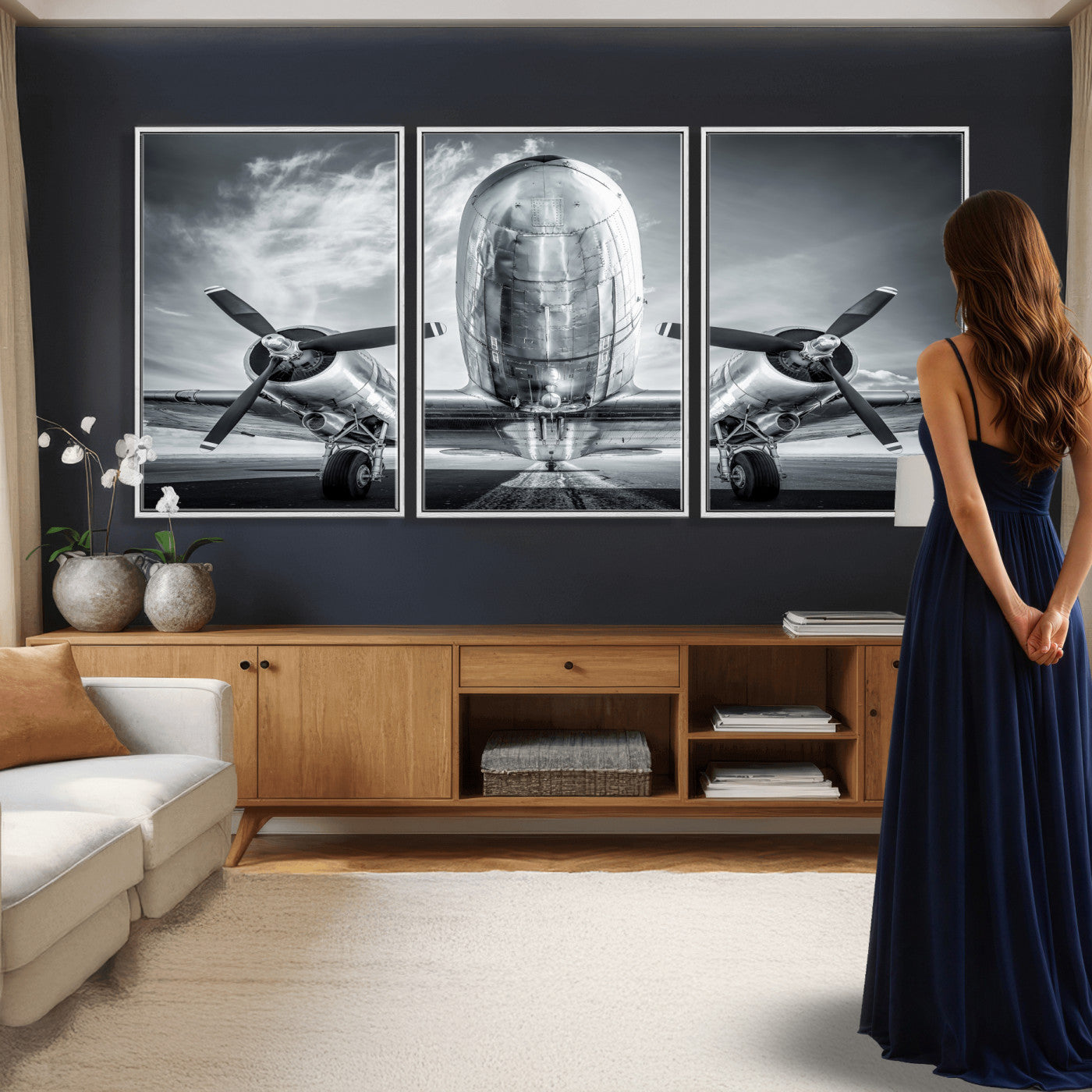 59729636-MGV-CV-36X24 - Vintage Propeller Plane Wall Art Canvas Print, Black and White Airplane Engine Close Up Framed Aviation Artwork for Pilot Office Hangar Decor