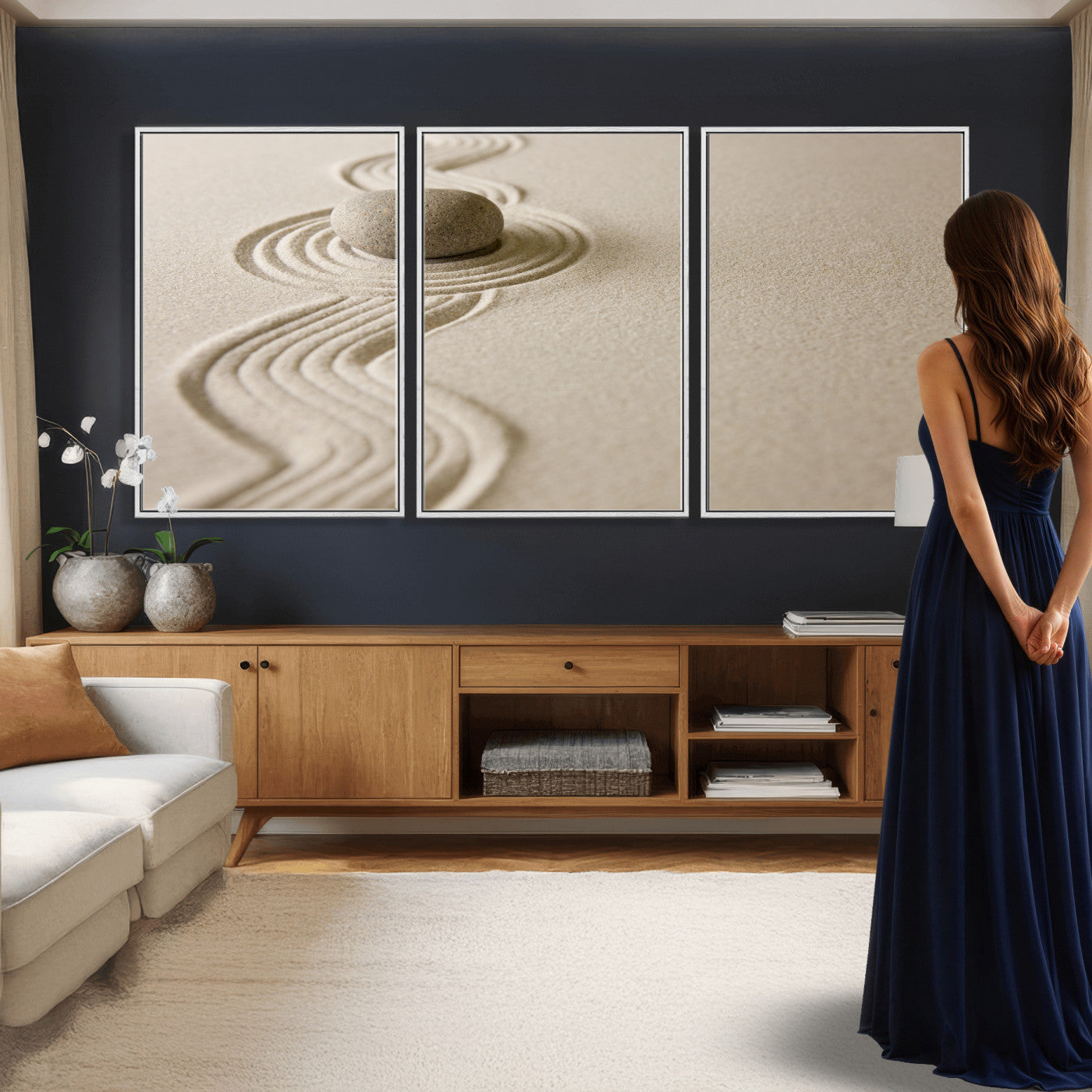 66852661-MGV-CV-36X24 - Zen Garden Stone Sand Canvas | Japanese Rock Garden Wall Art | Minimalist Meditation Print | Neutral Beige Mindfulness Decor