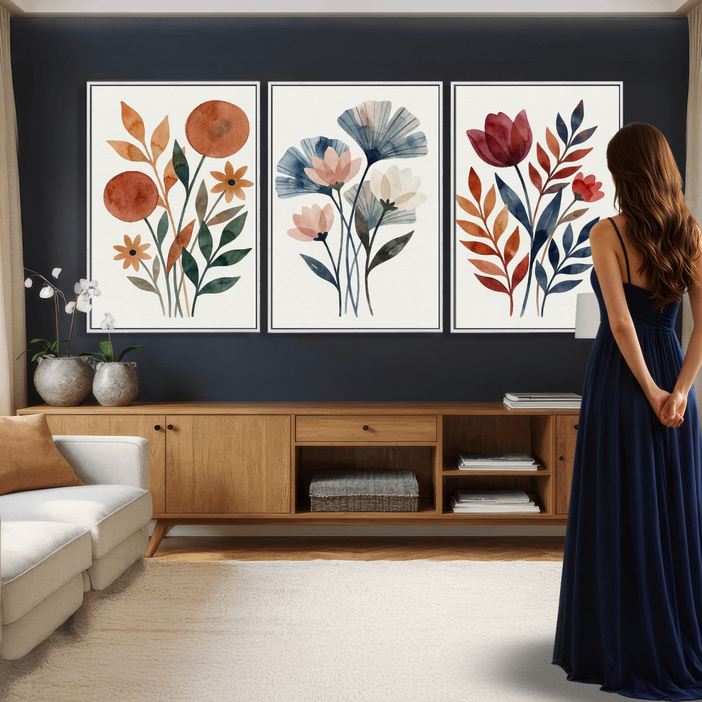 95190931-MGV-CV-60X30-3P - Watercolor Botanical Canvas Wall Art Set, Navy Terracotta Floral Triptych Print, Minimalist Flower Decor, Boho Living Room Art, Scandinavian Nature Print