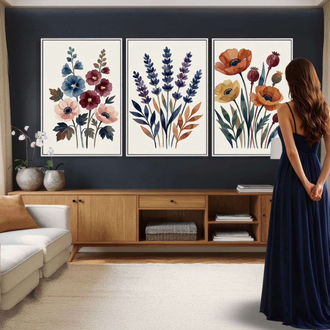 66468390-MGV-CV-60X30-3P - Watercolor Botanical Canvas Wall Art Set, Navy Terracotta Floral Triptych Print, Minimalist Flower Decor, Boho Living Room Art, Scandinavian Nature Print