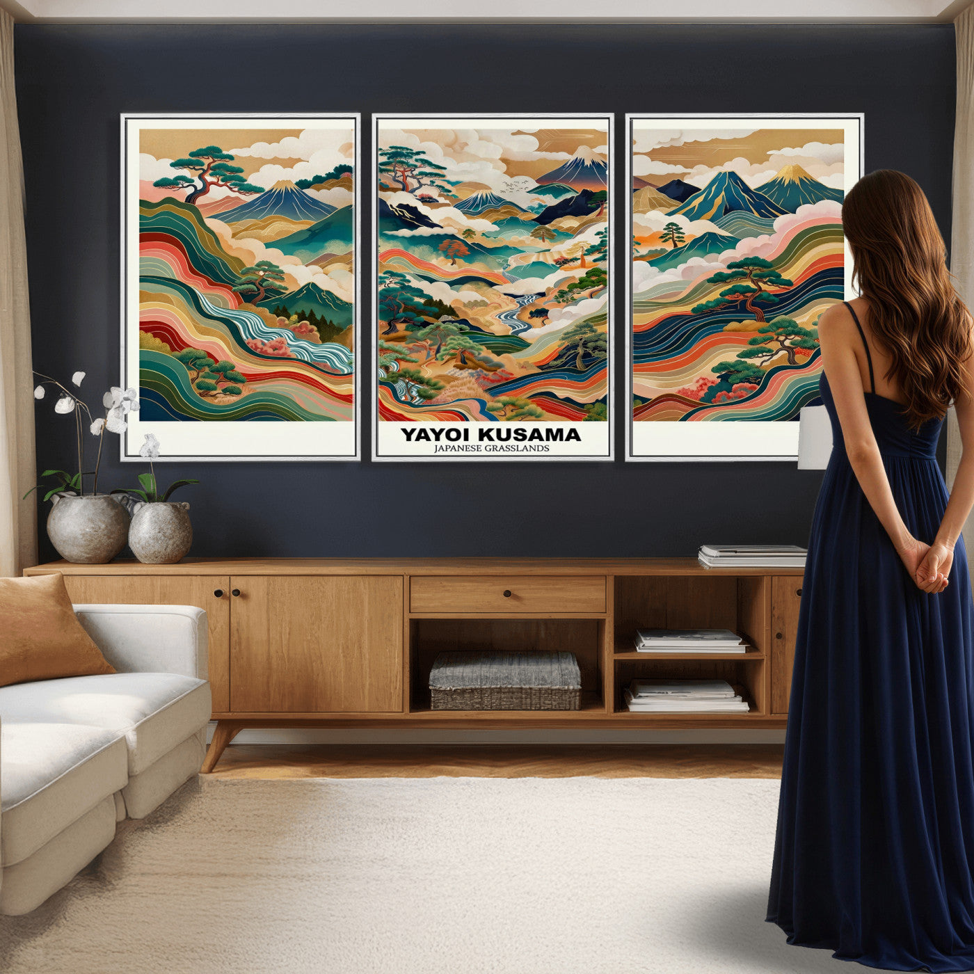 89903380-MGV-CV-60X30-3P - Japanese Grasslands Canvas Wall Art, Kusama Inspired Landscape Print, Colorful Japanese Nature Poster, Ukiyo-e Style Mountain Decor, Asian Art Print