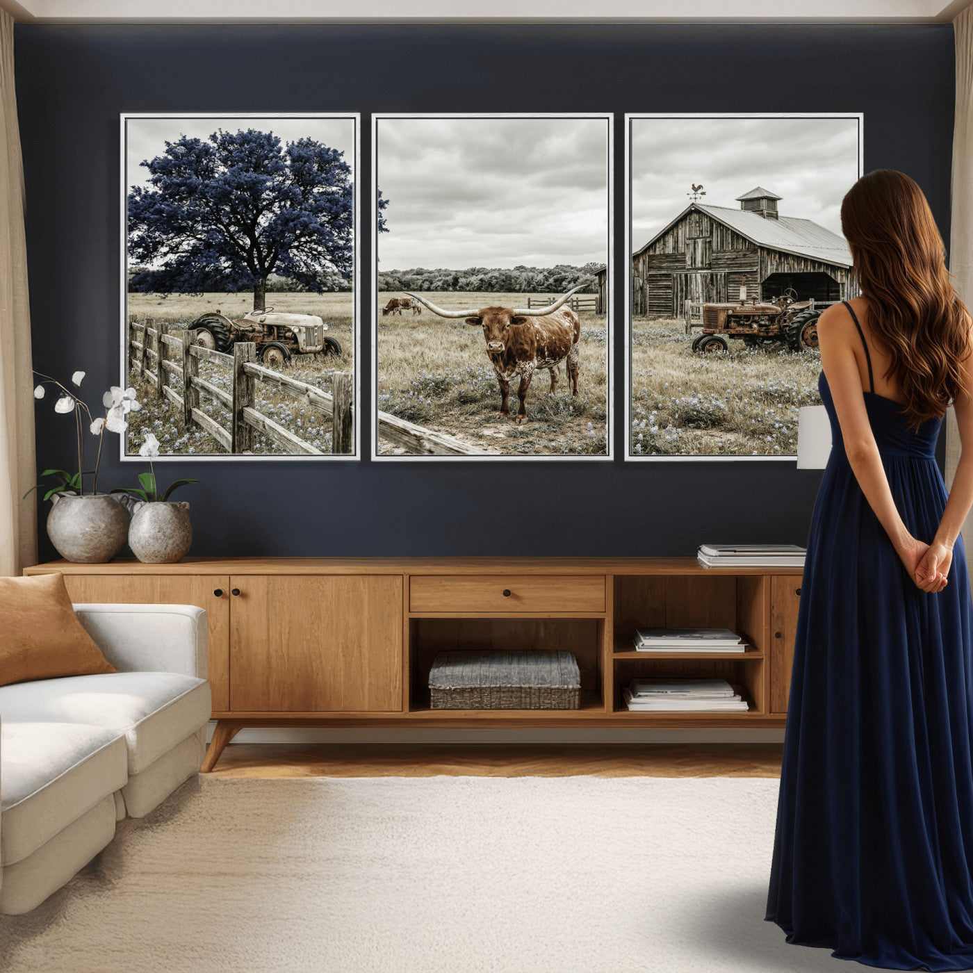 34049737-MGV-CV-60X30-3P - Texas Longhorn Canvas Wall Art, Rustic Farm Barn Bluebonnet Photography Print, Farmhouse Country Decor, Western Ranch Art, Old Truck Tractor Print