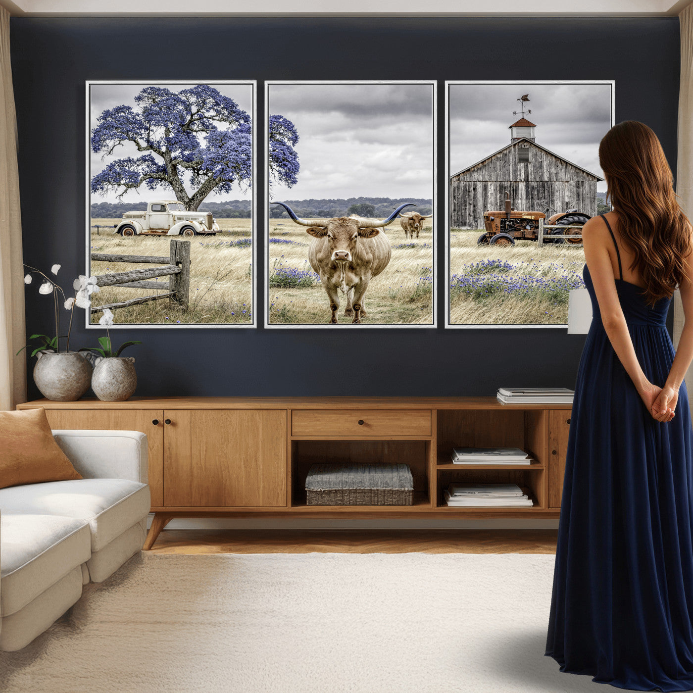 62336425-MGV-CV-60X30-3P - Texas Longhorn Canvas Wall Art, Rustic Farm Barn Bluebonnet Photography Print, Farmhouse Country Decor, Western Ranch Art, Old Truck Tractor Print