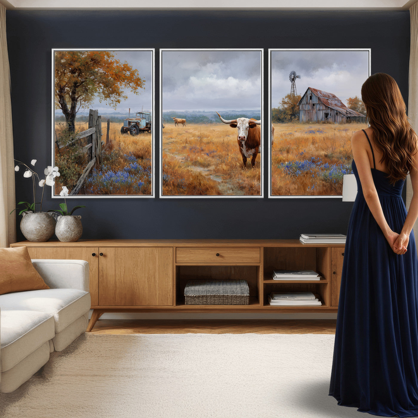 25324907-MGV-CV-60X30-3P - Texas Longhorn Canvas Wall Art, Rustic Farm Barn Bluebonnet Photography Print, Farmhouse Country Decor, Western Ranch Art, Old Truck Tractor Print