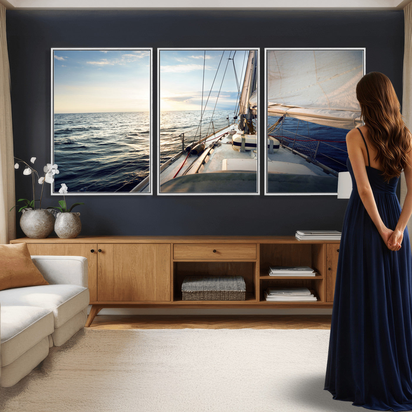 76381335-MGV-CV-36X24 - Sailboat Wall Art Canvas Print, Ocean Sunset Sailing Framed Artwork, Coastal Nautical Seascape Decor for Living Room Office Beach House