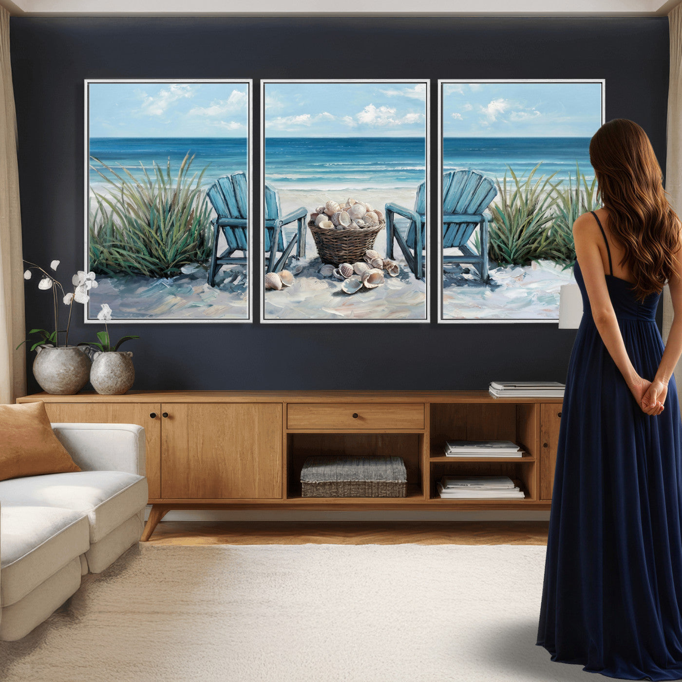 11973028-MGV-CV-36X24 - Beach Canvas Wall Art Coastal Adirondack Chairs Ocean Seashells Blue Nautical Framed Large for Living Room Bedroom Bathroom Decor