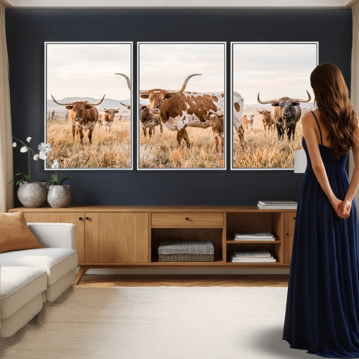 62336425AC-MGV-CV-36X24 - Texas Longhorn Canvas Wall Art, Rustic Farm Animal Photography Print, Farmhouse Country Decor, Western Ranch Art