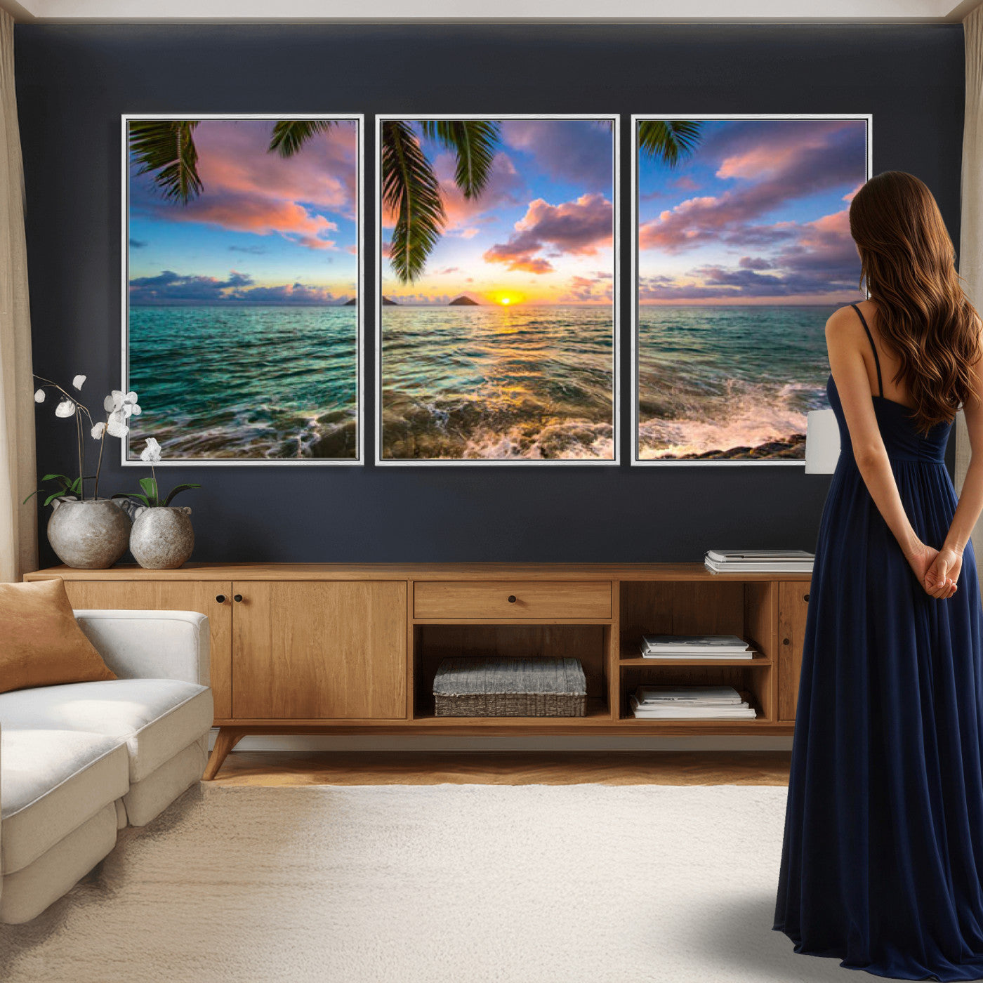 13207742-MGV-CV-36X24 - Hawaii Beach Sunset Canvas Wall Art Print, Tropical Ocean Landscape Artwork, Palm Tree Coastal Decor for Living Room Bedroom