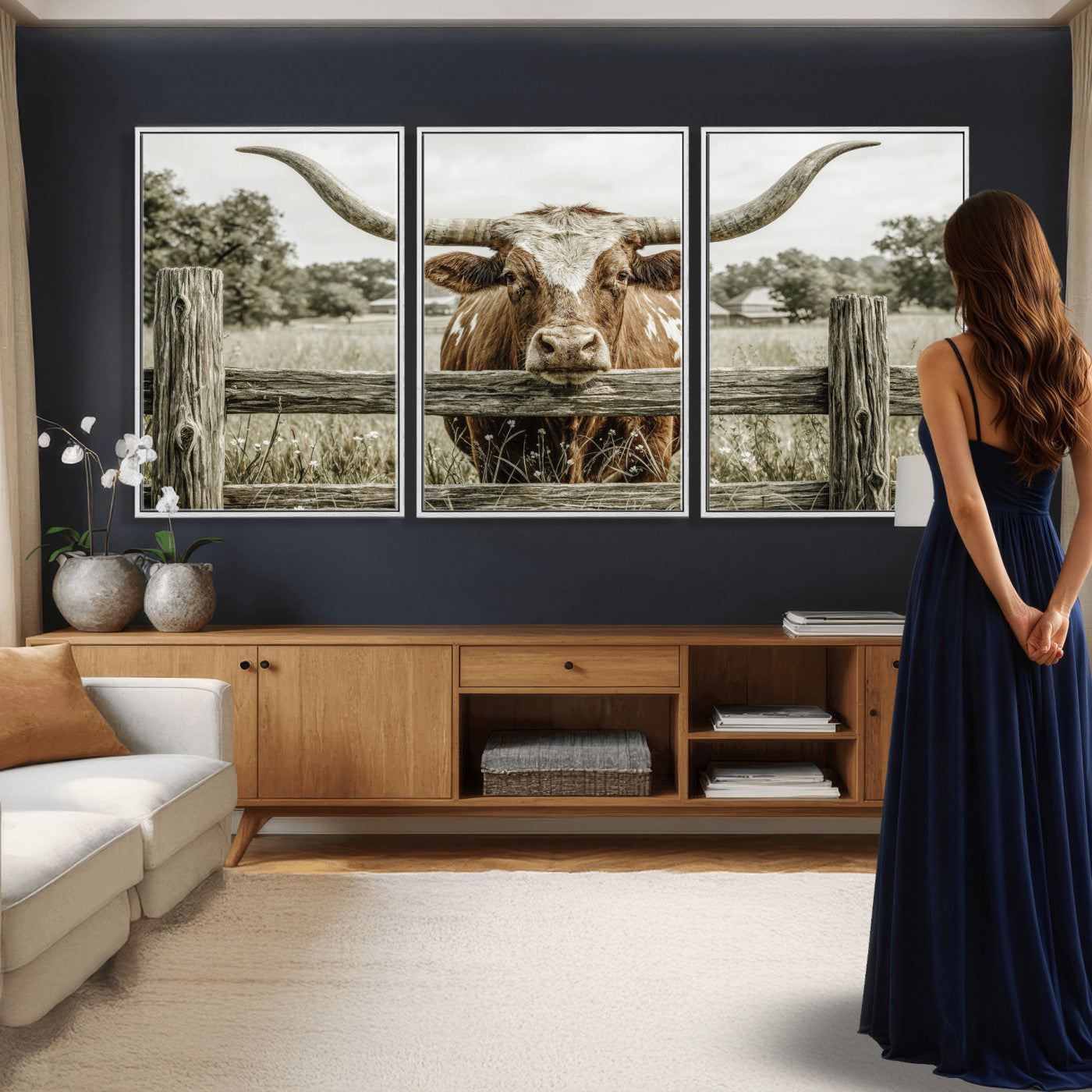 59378683M-MGV-CV-60X30-3P - Large Farmhouse Texas Longhorn Bull Canvas Wall Art, Western Ranch Cattle Photography Print, Rustic Barn Cowboy Decor Artwork