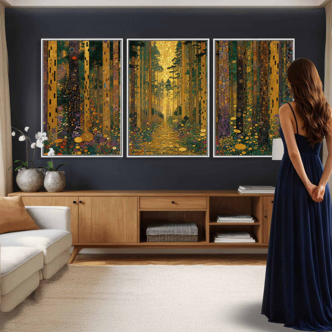 79483321G-MGV-CV-48X32-3P - Gustav Klimt Style Forest Canvas Wall Art, Golden Forest Path Floral Art Nouveau Print, Enchanted Woodland Decor
