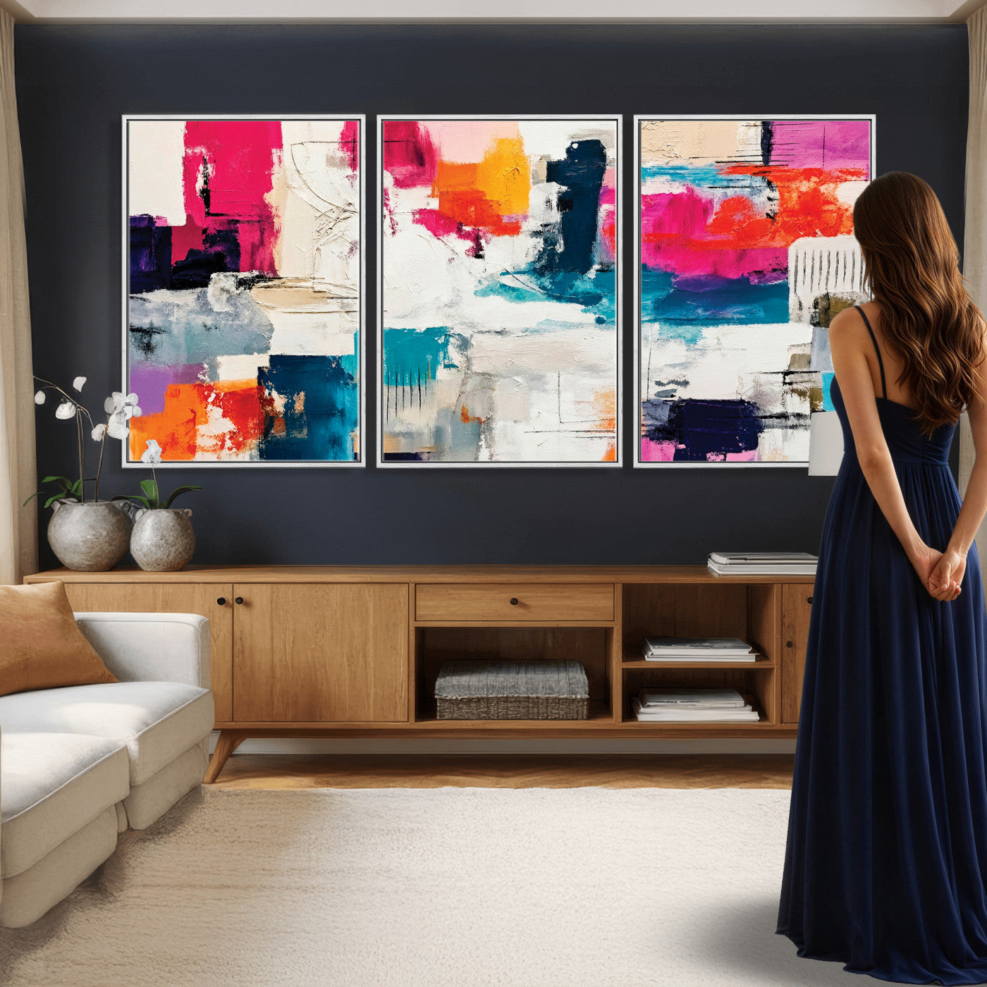 57864023-MGV-CV-36X24 - Blue Teal Abstract Canvas Wall Art | Modern Textured Painting Print, Navy Orange White Contemporary Art, Neutral Living Room Decor, Office Art