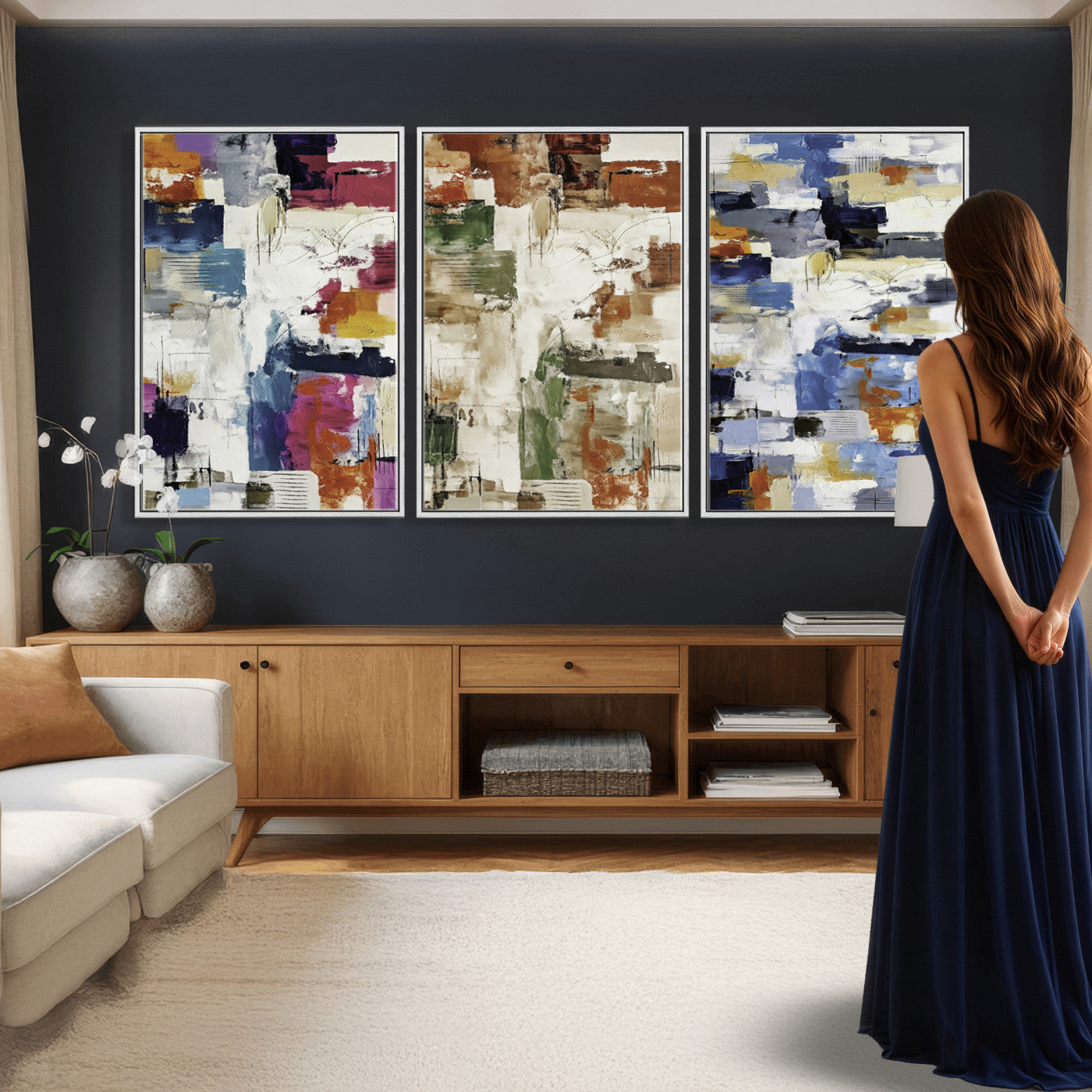 33267833-MGV-CV-60X30-3P - Blue Teal Abstract Canvas Wall Art, Modern Textured Painting Print, Navy Orange White Contemporary Art, Neutral Living Room Decor, Office Art