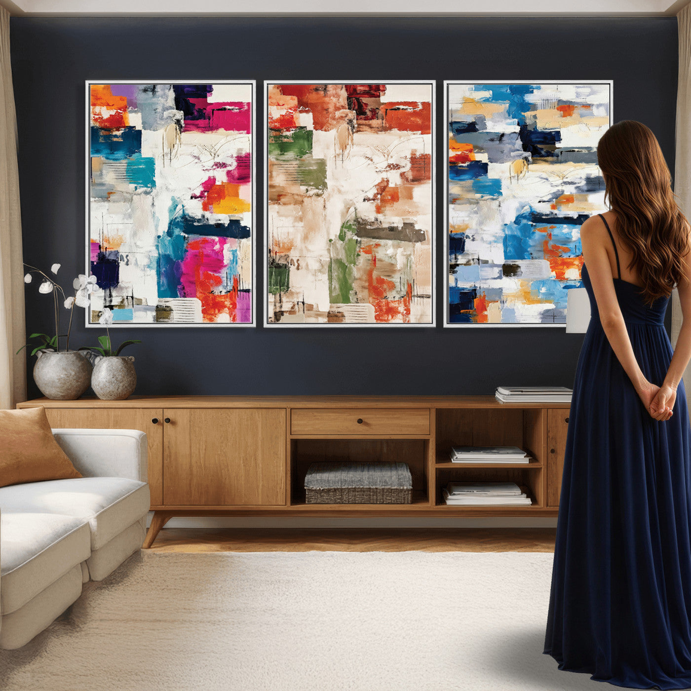 33267833-MGV-CV-60X30-3P - Blue Teal Abstract Canvas Wall Art, Modern Textured Painting Print, Navy Orange White Contemporary Art, Neutral Living Room Decor, Office Art