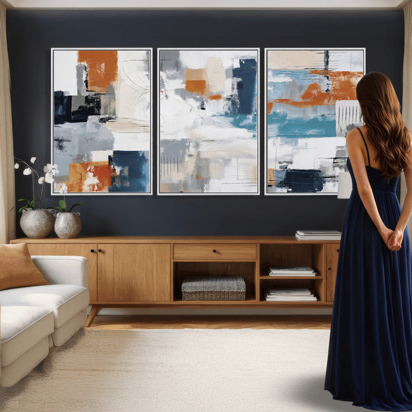 44950303-MGV-CV-36X24 - Blue Teal Abstract Canvas Wall Art, Modern Textured Painting Print, Navy Orange White Contemporary Art, Neutral Living Room Decor, Office Art