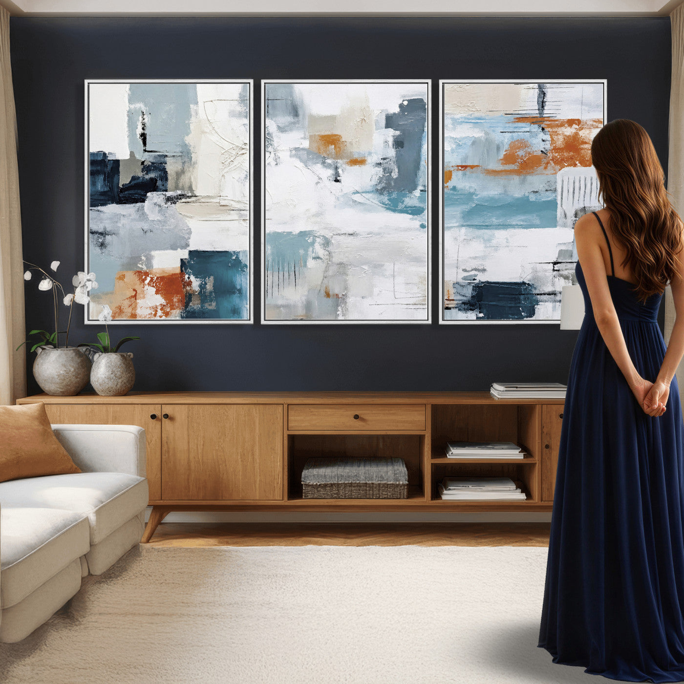 98638479-MGV-CV-36X24 - Blue Teal Abstract Canvas Wall Art, Modern Textured Painting Print, Navy Orange White Contemporary Art, Neutral Living Room Decor, Office Art
