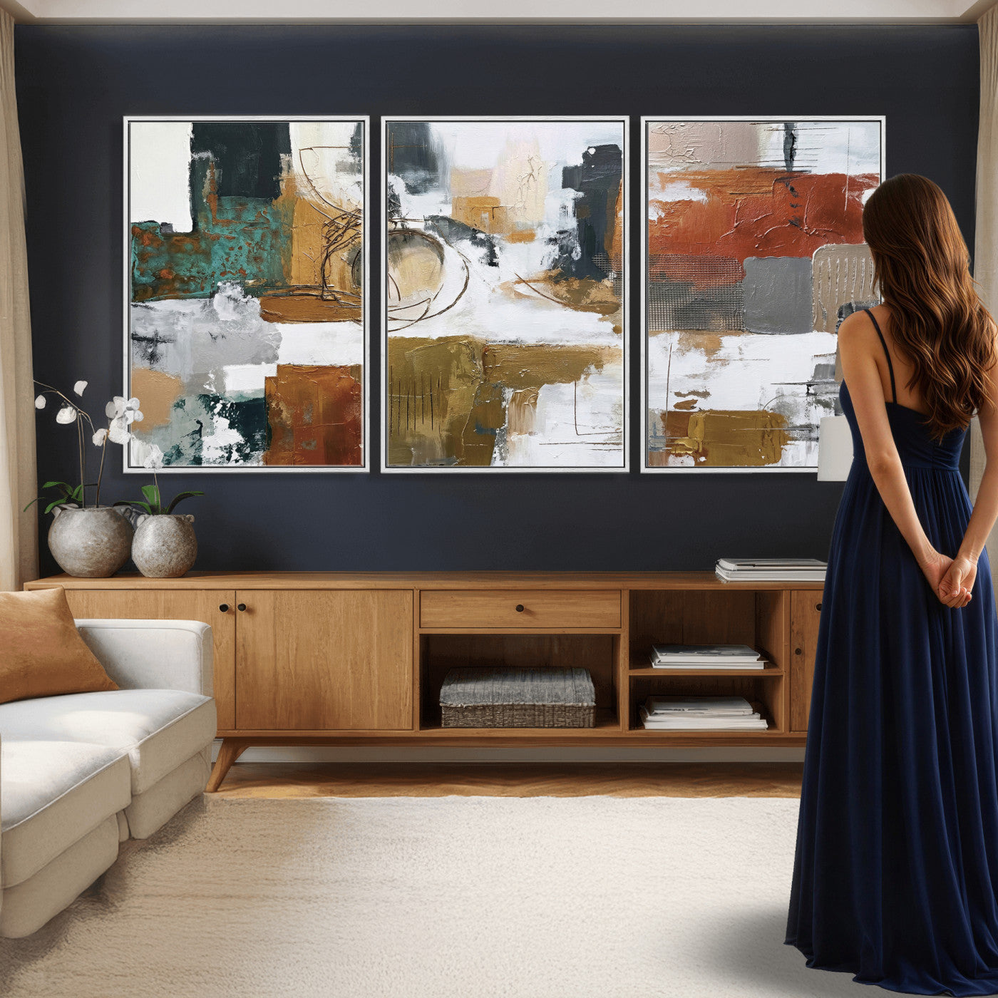 50720312-MGV-CV-36X24 - Blue Teal Abstract Canvas Wall Art, Modern Textured Painting Print, Navy Orange White Contemporary Art, Neutral Living Room Decor, Office Art