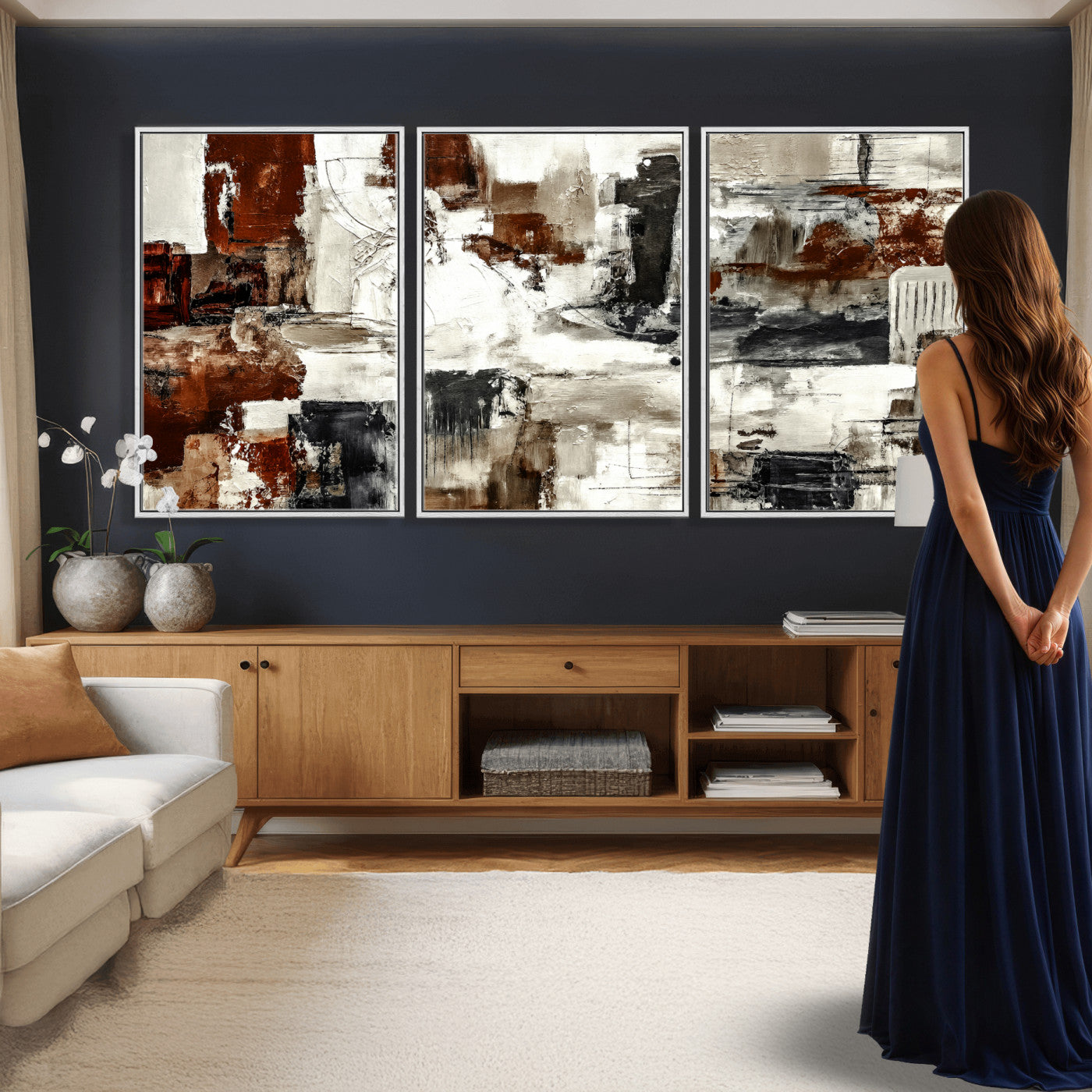 53022468-MGV-CV-36X24 - Blue Teal Abstract Canvas Wall Art, Modern Textured Painting Print, Navy Orange White Contemporary Art, Neutral Living Room Decor, Office Art