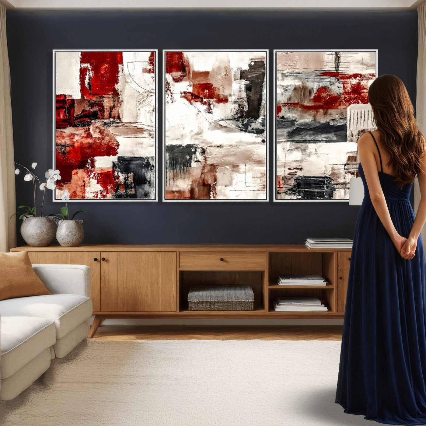 53022468-MGV-CV-36X24 - Blue Teal Abstract Canvas Wall Art, Modern Textured Painting Print, Navy Orange White Contemporary Art, Neutral Living Room Decor, Office Art