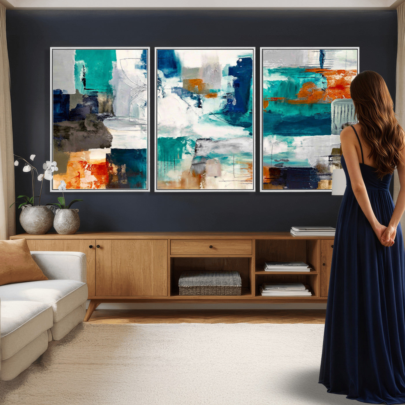 44038089-MGV-CV-36X24 - Blue Teal Abstract Canvas Wall Art, Modern Textured Painting Print, Navy Orange White Contemporary Art, Neutral Living Room Decor, Office Art